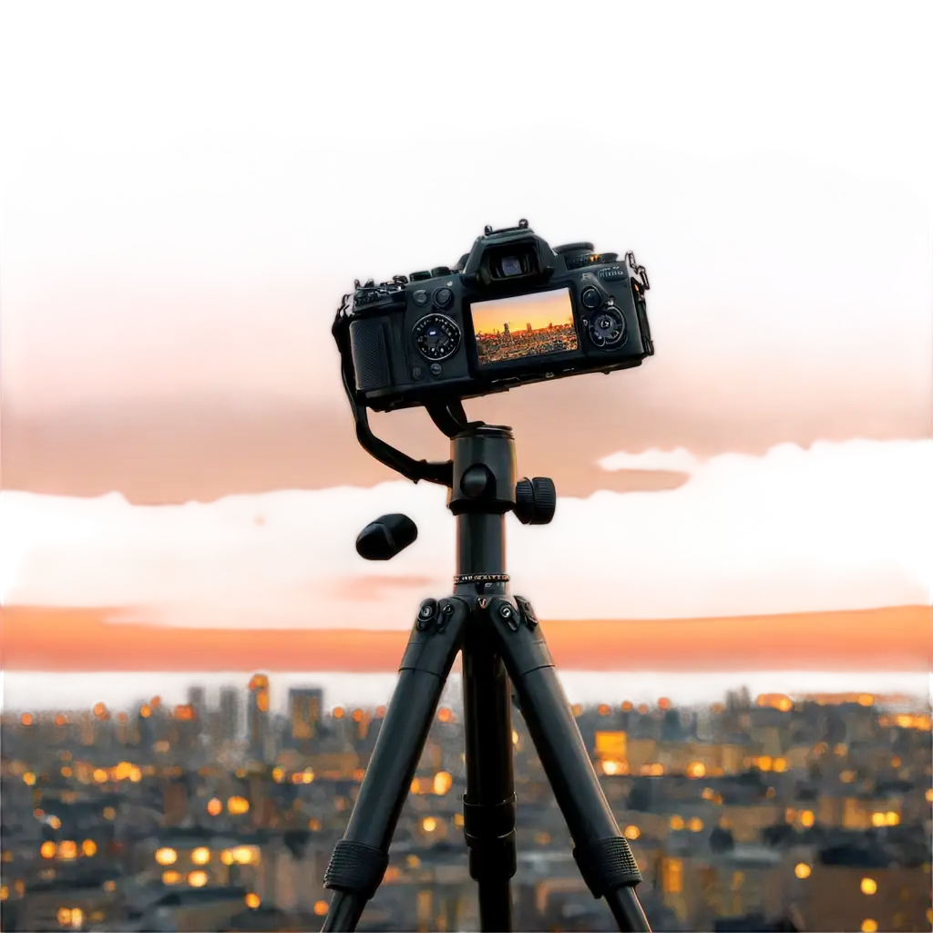 A professional DSLR camera on a tripod capturing a stunning cityscape during sunset. The camera's LCD screen displays a sharp, high-resolution image of the city with warm golden lights, contrasting with the blurred bokeh background of urban lights and a colorful sunset sky. The camera body is detailed, with visible buttons, dials, and a sturdy grip, creating a realistic and cinematic feel.