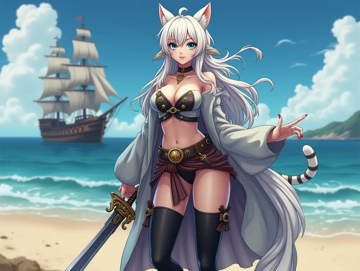 A mature adult tall feline/woman dressed as a pirate with a sword on a beach. A pirate ship in the background. Her 30-something years are disguised by her youthful facial features, except for her subtle wrinkles around the eyes, extremely slender body. Her ample bosom strains against her clothing, threatening to burst free from the fabric, extreme cleavage. Midriff. Wearing black thigh high pirate boots. She has piercing blue cat eyes. A choker adorns her neck, a subtle hint at her feline nature. Her long, white hair cascades down her back like a wild waterfall, tangled and disheveled. Her cat-like teeth glint in the light, as her white fur-lined ears punctuate her visage with sparkling black and gold earring adorns each ear, adding a touch of elegance to her feline features. Cat whiskers on her face. The attached tail at the base of her spine stirs lazily. Long fingernails. Full body view. Anime.