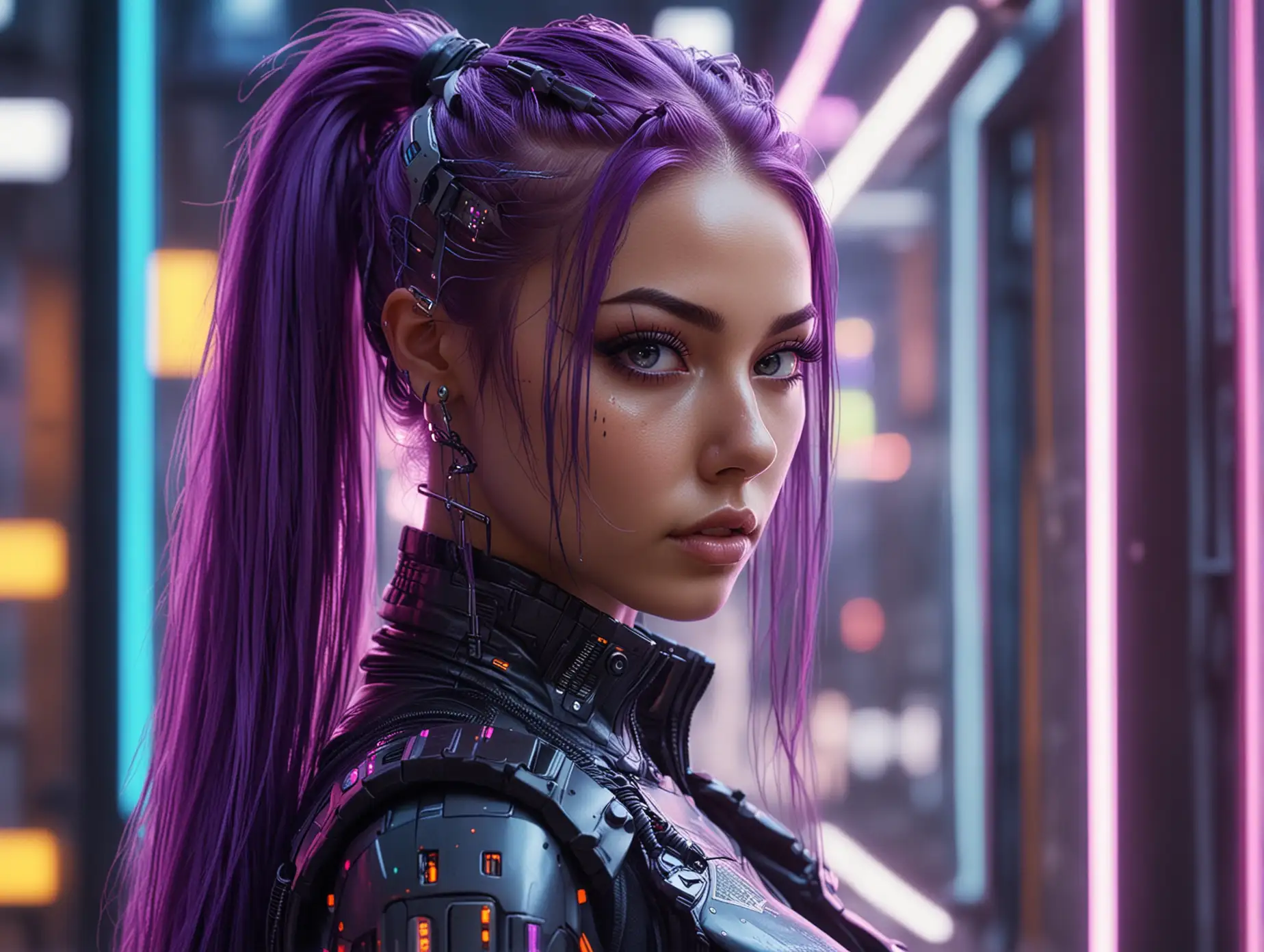 Futuristic-Cyberpunk-Cyborg-Woman-in-Neon-Streetwear-with-Purple-Ponytail