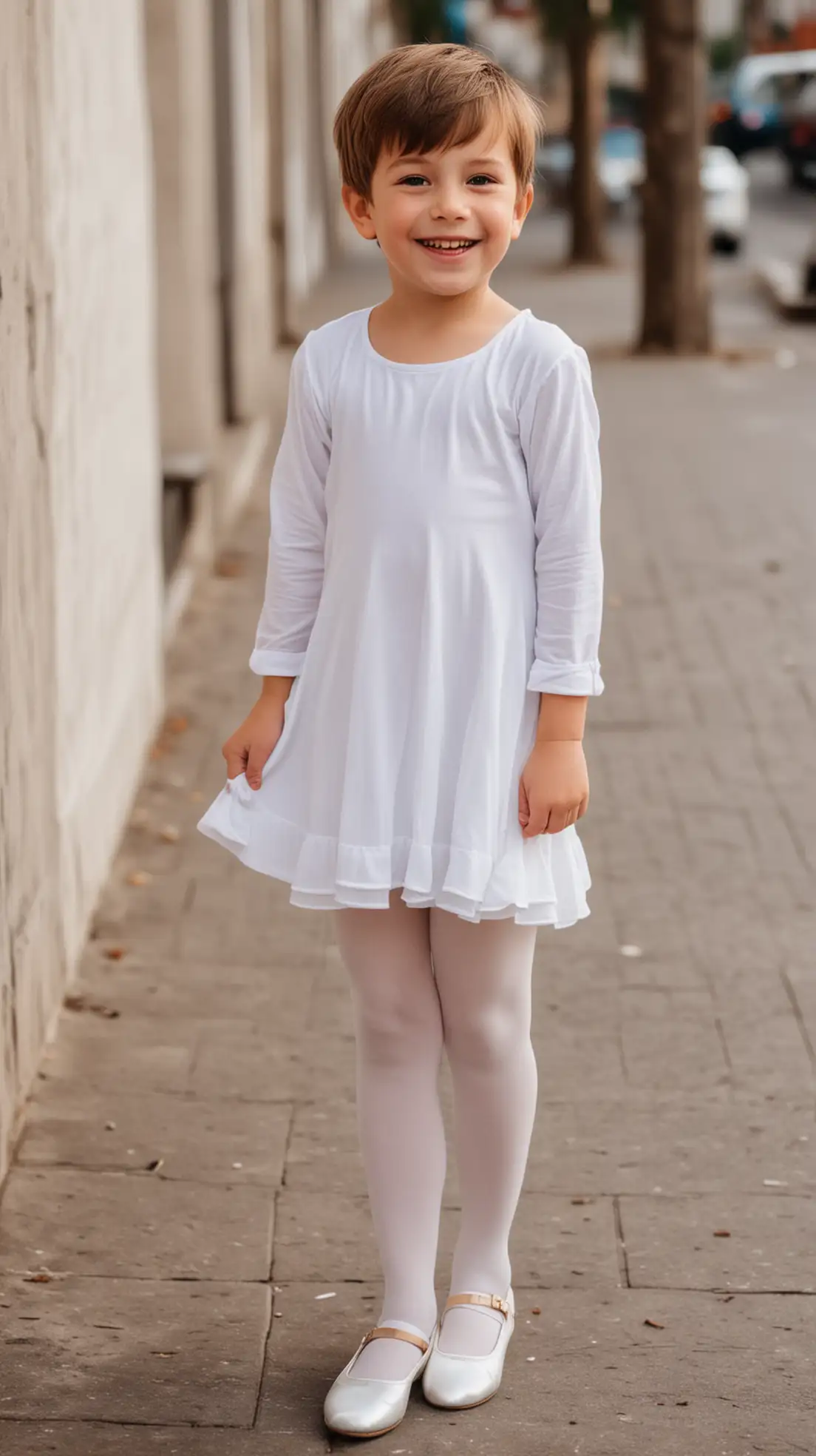 Smiling-Little-Boy-in-White-Dress-and-Ballet-Flats-in-City