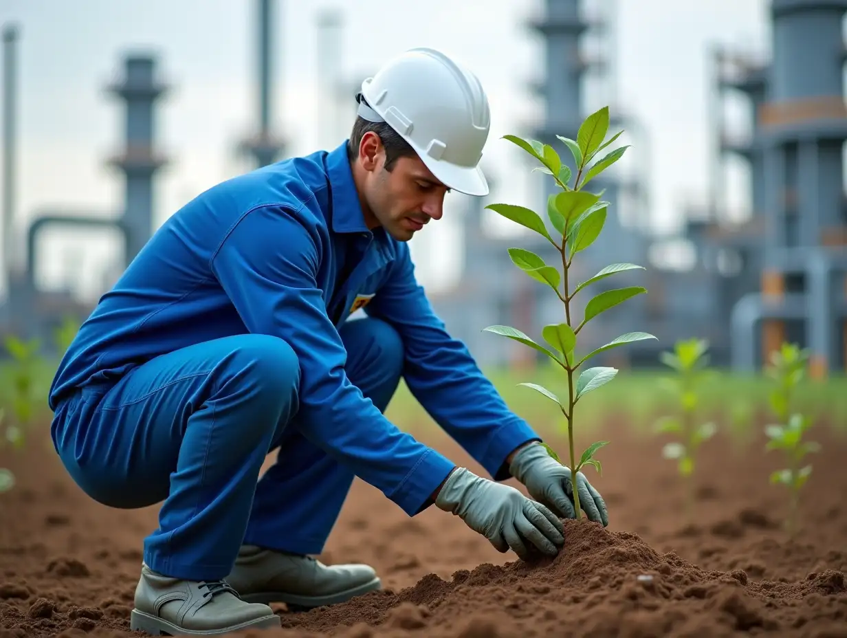 Petrochemical employee in blue uniform and white hat planting tree seedlings in petrochemical plant and petrochemical background