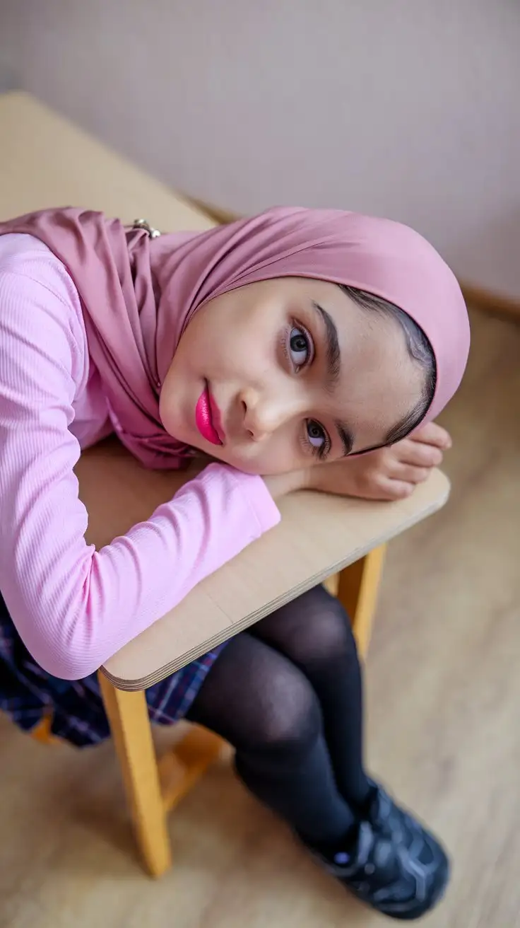 14 years old girl rests on a wooden table. She is wearing a pink long-sleeved top and a matching hijab. Her outfit includes school skirt, black tights, and she is wearing small running shoes. The room has light wood flooring and a plain light-colored wall in the background. Pink lips, close-up, from above