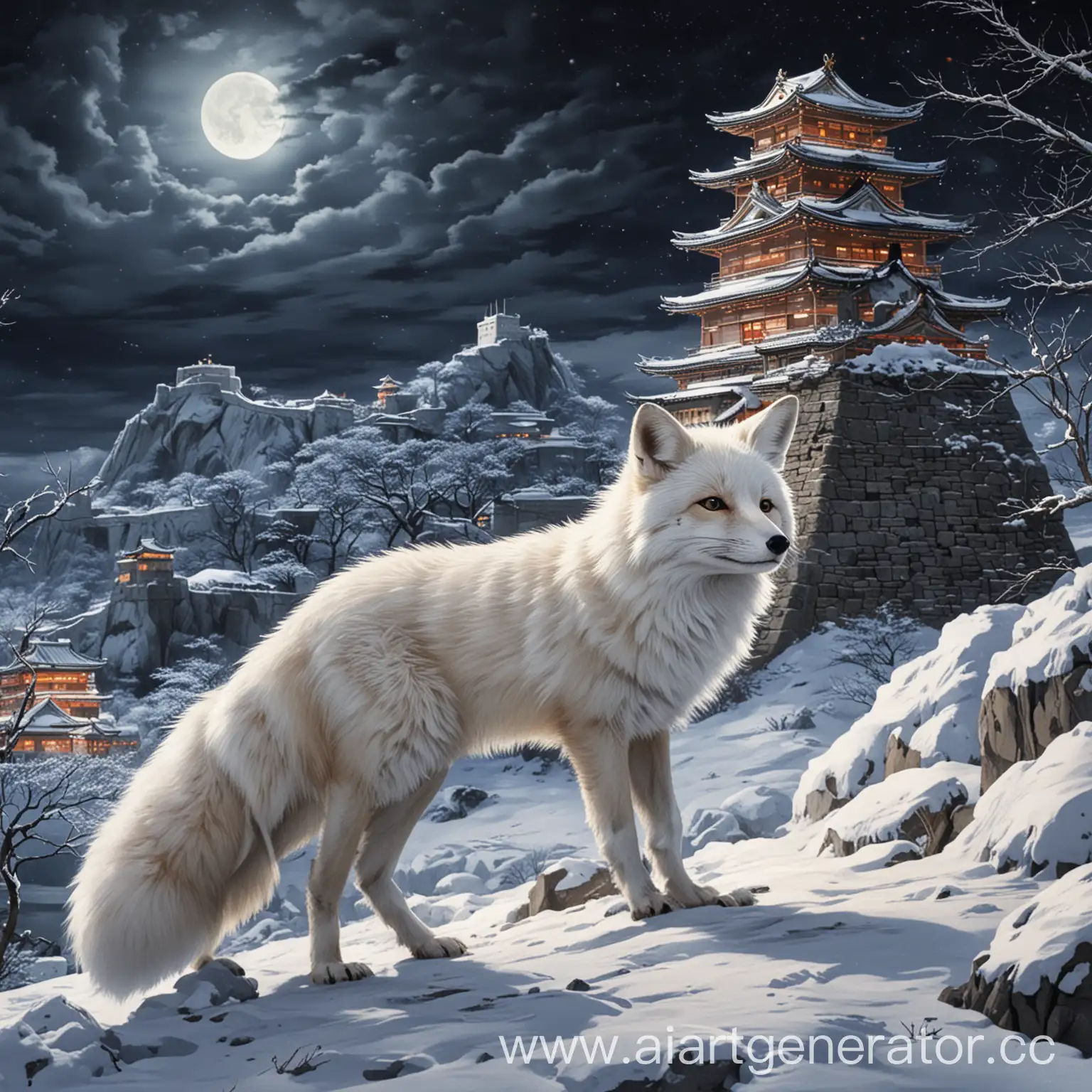 White-Fox-Admiring-Japanese-Fortress-on-a-Winter-Night