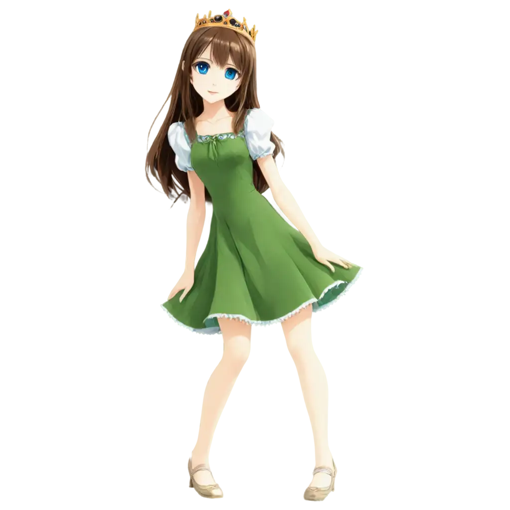 Anime-Teen-Princess-with-Brown-Hair-Blue-Eyes-and-Green-Dress-PNG-Image