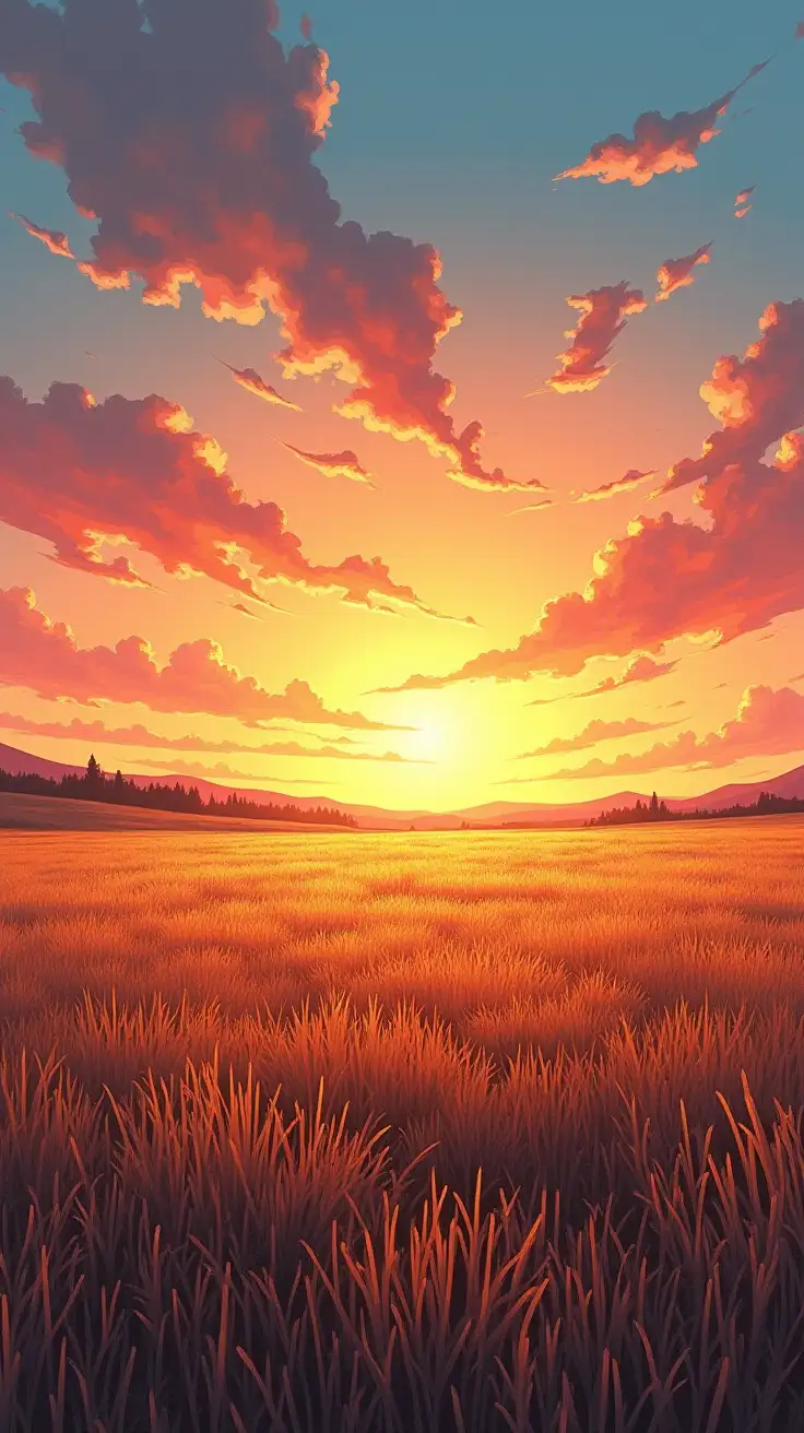 pencil style drawing various colors Background image Endless grassland at dusk The sky is orange