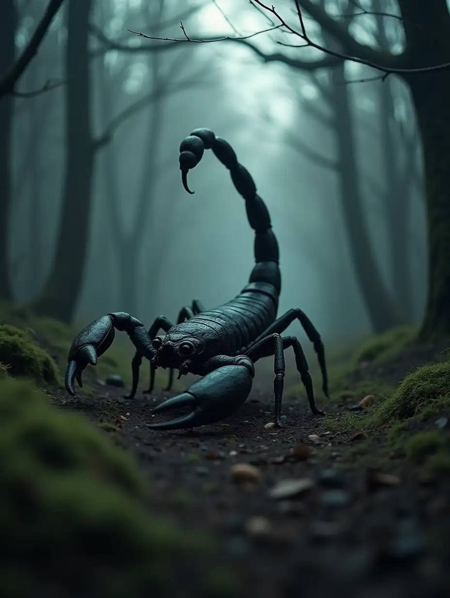A giant black scorpion is moving through a scary forest.