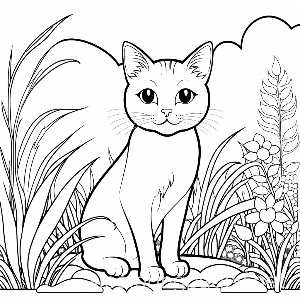 Happy-Cat-in-a-Serene-Garden-Coloring-Page-for-Kids