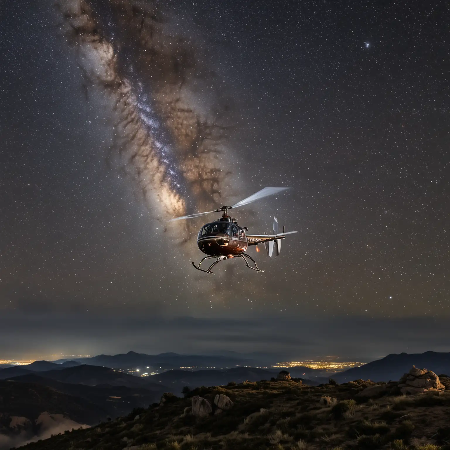 Helicopter ~Robinson R166 staying on the flat mountain background under a milky way