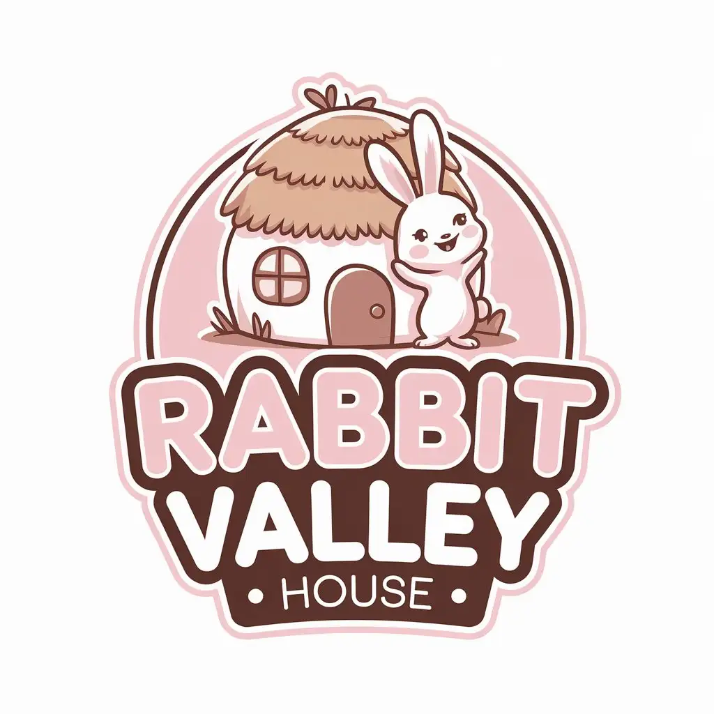 a vector logo design,with the text "Rabbit Hutch", main symbol:Design a 'Rabbit Valley House' logo, containing a white, friendly little rabbit standing next to a cozy, round straw-roofed house, using soft pink, light brown and white as the main colors, with the brand name presented in rounded, cute font.,Moderate,be used in Internet industry,clear background