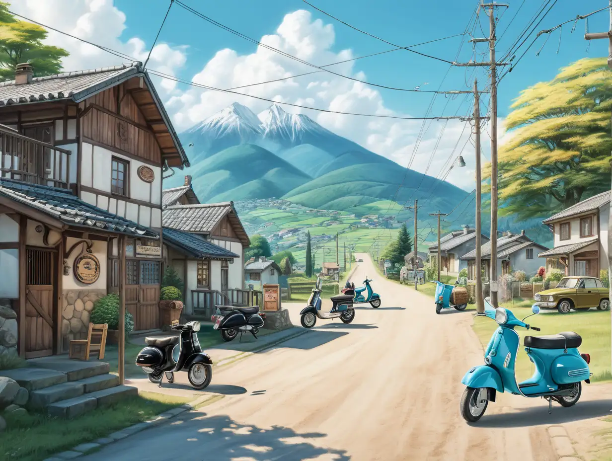 Vintage-Countryside-Town-with-Motorcycles-and-Lush-Mountain-View