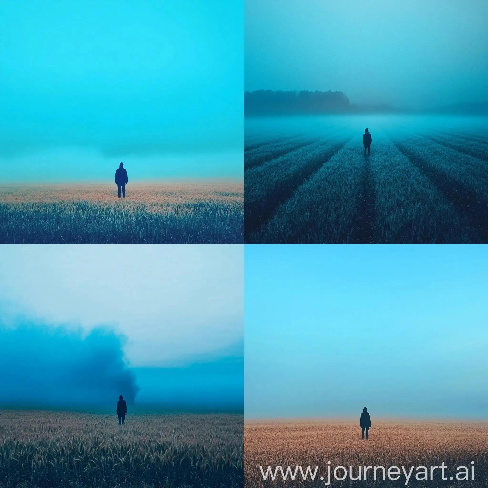 Person-Standing-in-Wheat-Field-Surrounded-by-BlueCyan-Fog