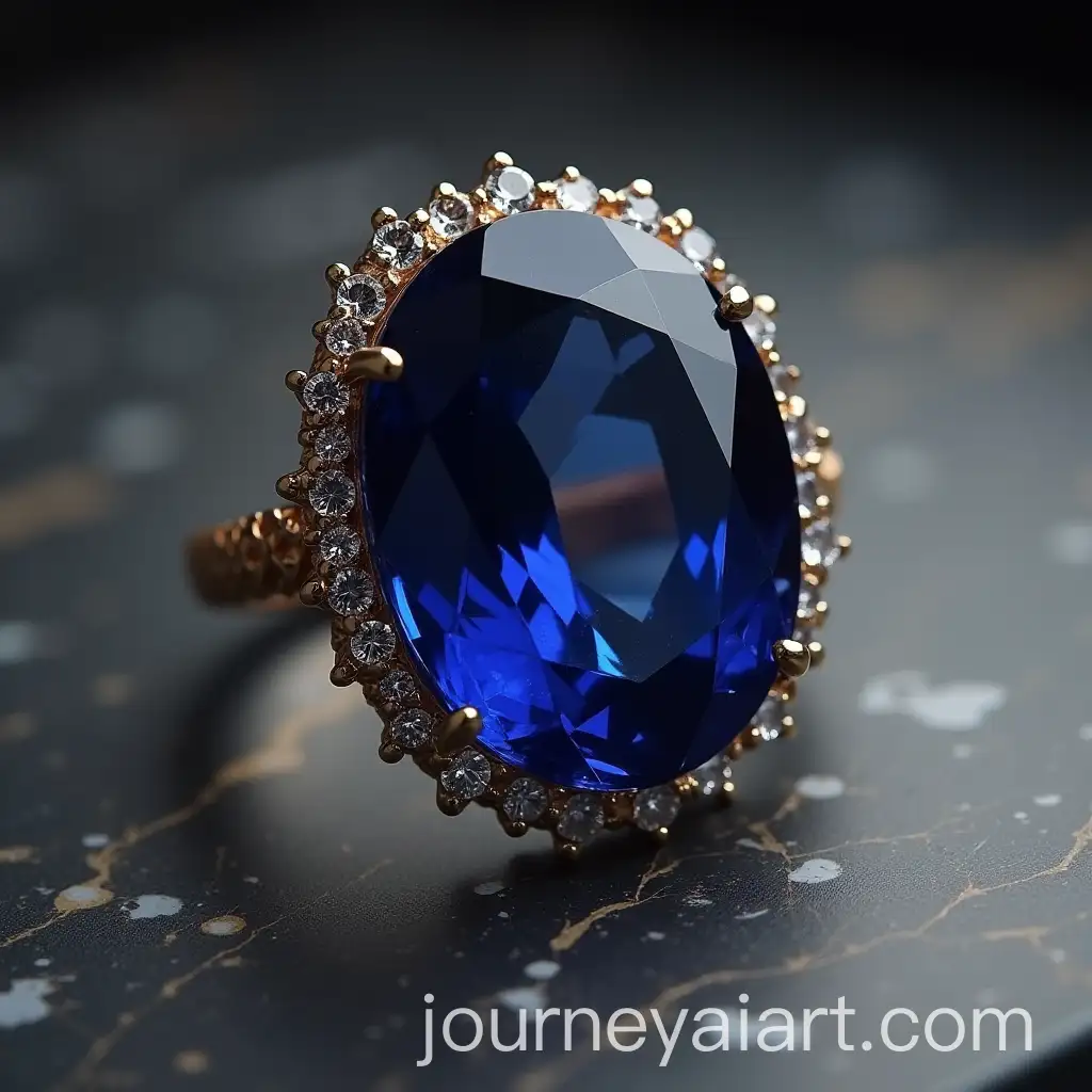 Dark-Ring-on-Marble-Stone-with-Huge-Sapphire-in-Artistic-Display