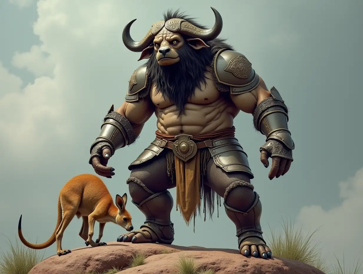 A very detailed photo. A full body representation of an animal-hybrid bodybuilder with knight's armor and buffalo and kangaroo on a rock