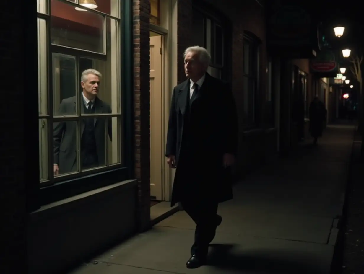 Mysterious-60s-Man-Walking-Through-New-Orleans-at-Night-Seeing-His-Younger-Reflection