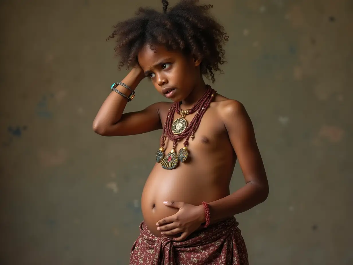 Portrait-of-a-Confused-Tribal-Girl-with-a-Pregnant-Belly