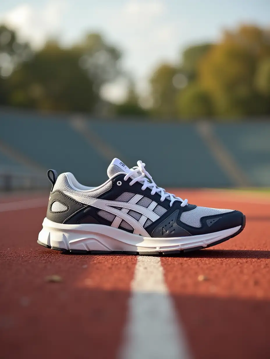 Sport sneakers on the background of a running track, image in dynamic and energetic style