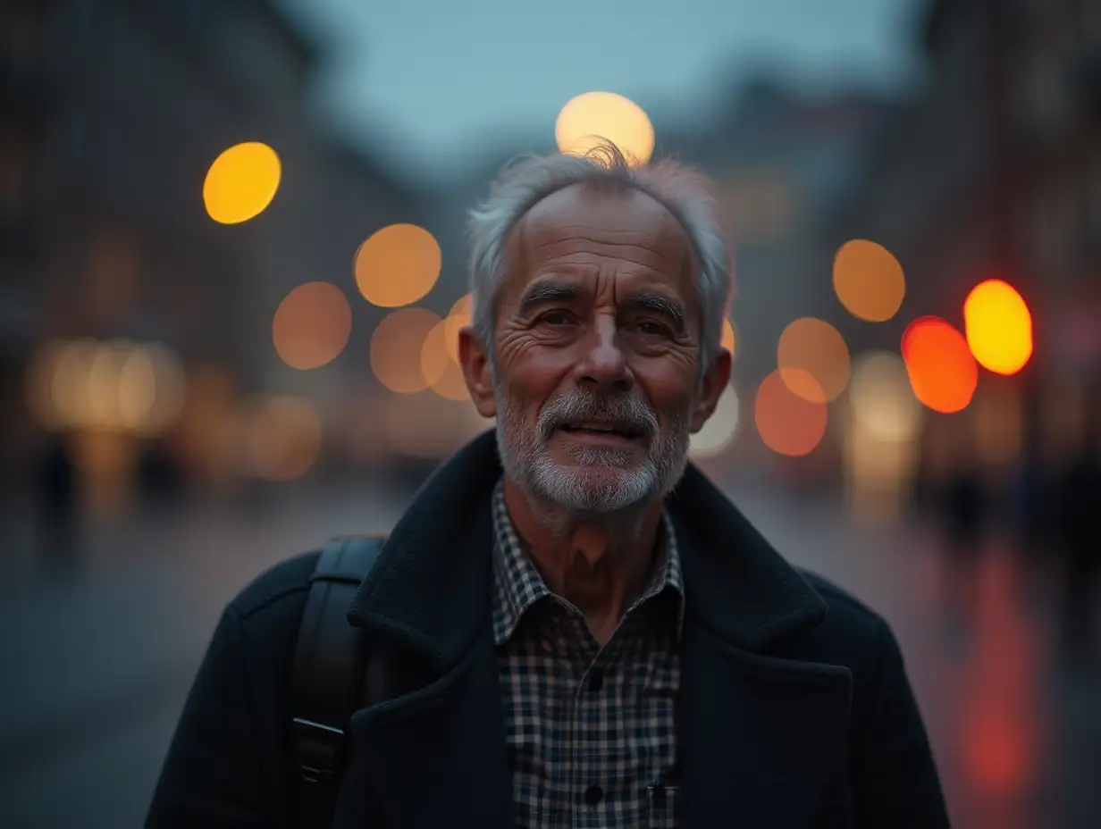 In the evening, a 50-year-old man on the street, background with streetlights and light, natural realistic painting quality, 4K high definition, Leica 50mm lens, Nuctilux bokeh effect