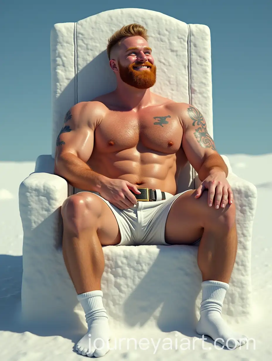 Pale-Ginger-Man-with-Tattoos-Sitting-on-a-Snow-Throne-in-Sunshine