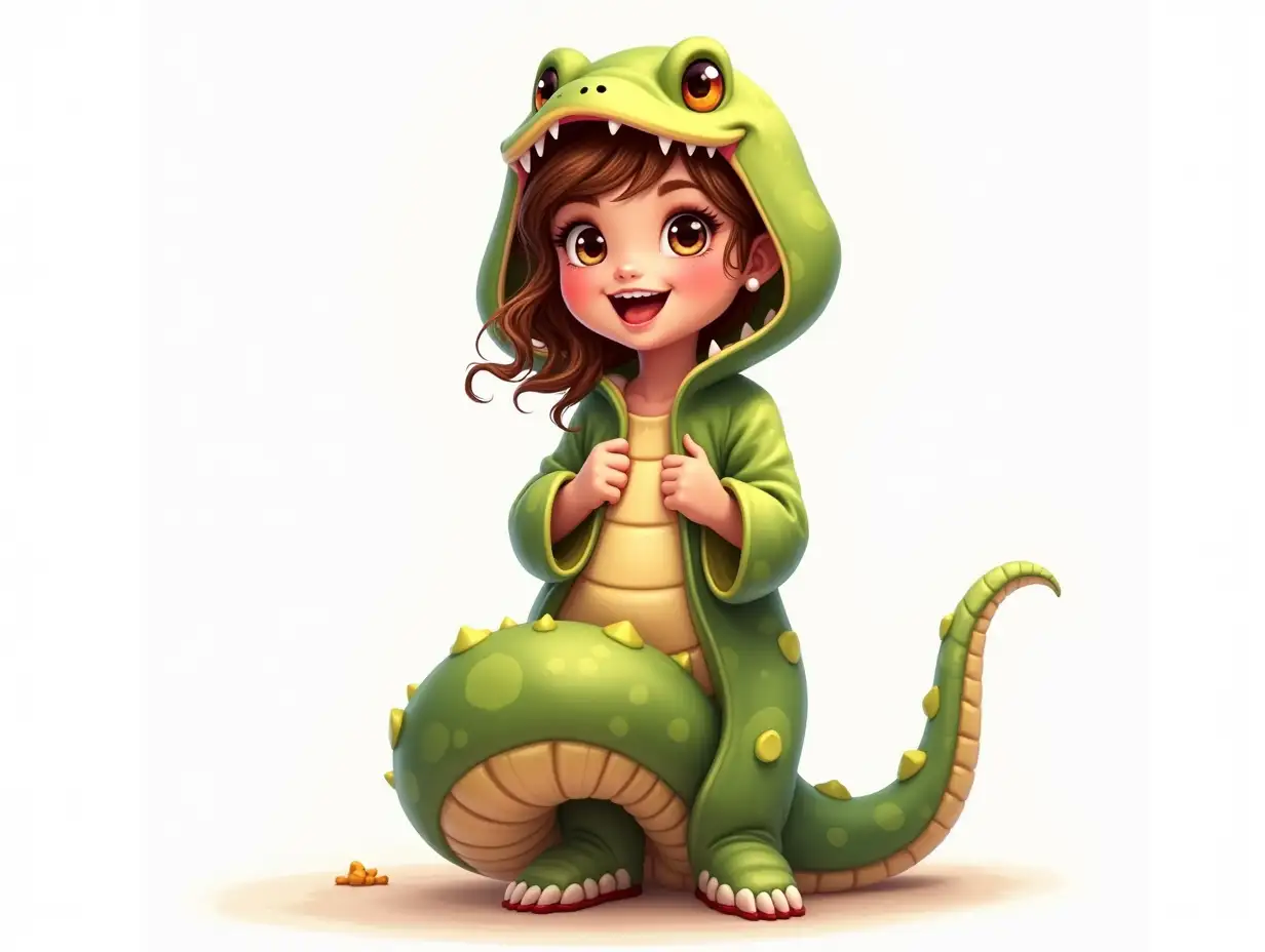 a pretty girl in a snake costume, happy, smiling, realistic art, on a white background