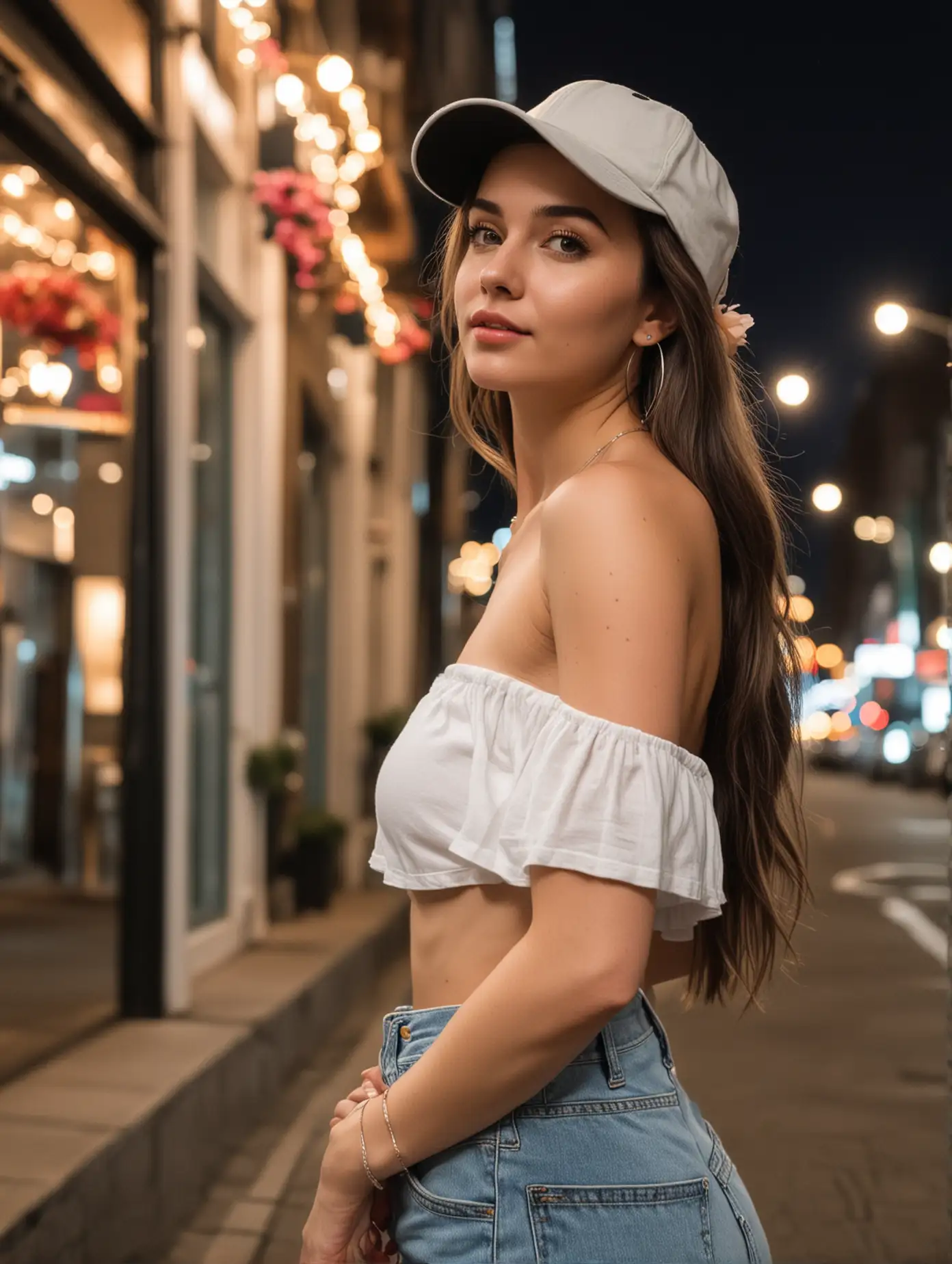 Young-Woman-in-Urban-Night-Setting-with-Flower-Garland