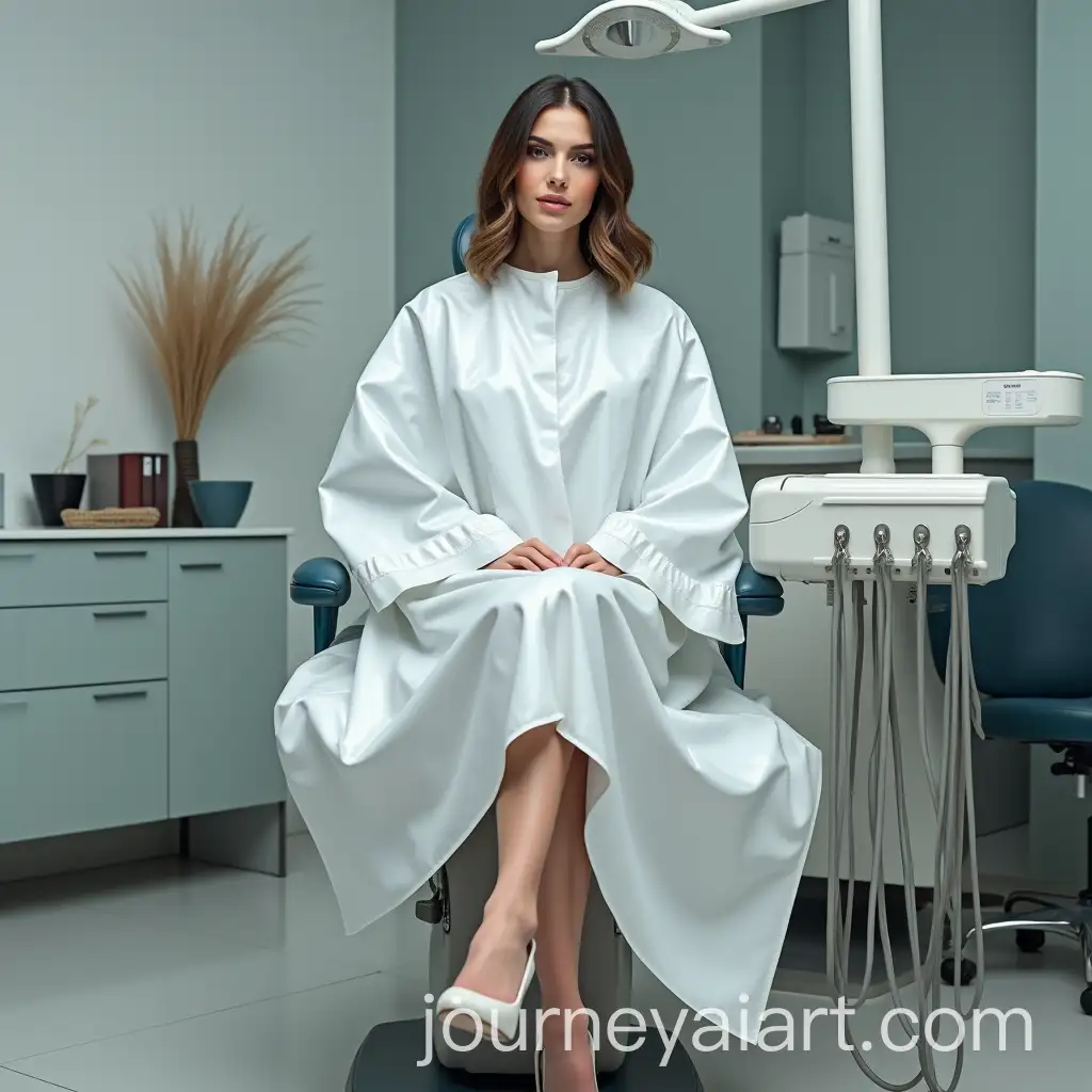 Woman-Sitting-in-Dentist-Chair-Wearing-White-PVC-Barber-Cape