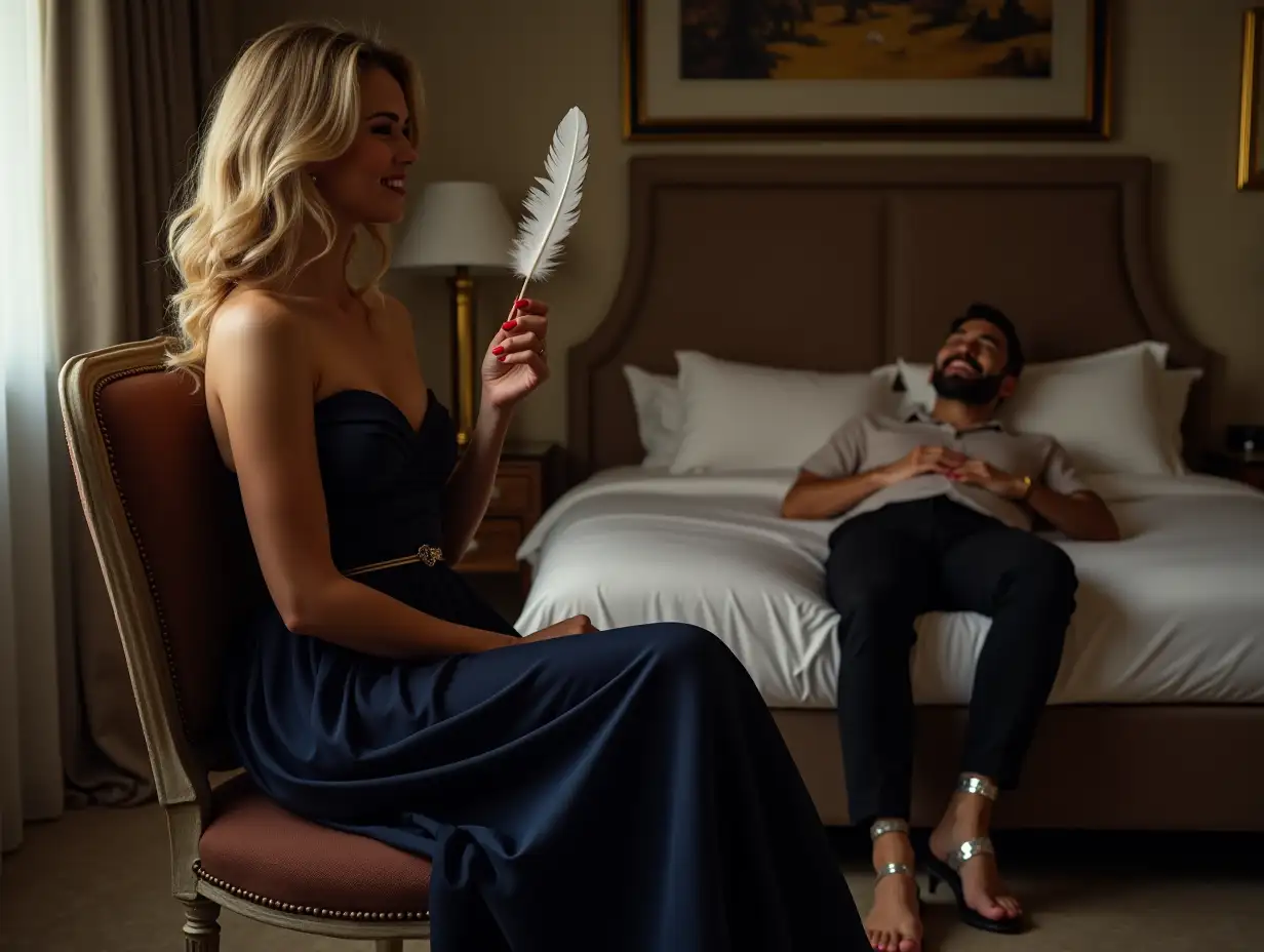 Elegant-Hotel-Room-with-Smiling-Woman-Holding-Feather-and-Laughing-Man-on-Bed