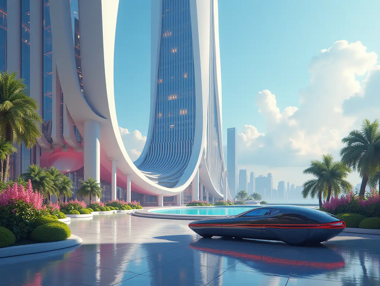 Create a high-resolution, realistic image in 4K resolution of a multicolored futuristic skyscraper with curved pillars and many plants and a futuristic vehicle with tinted glass