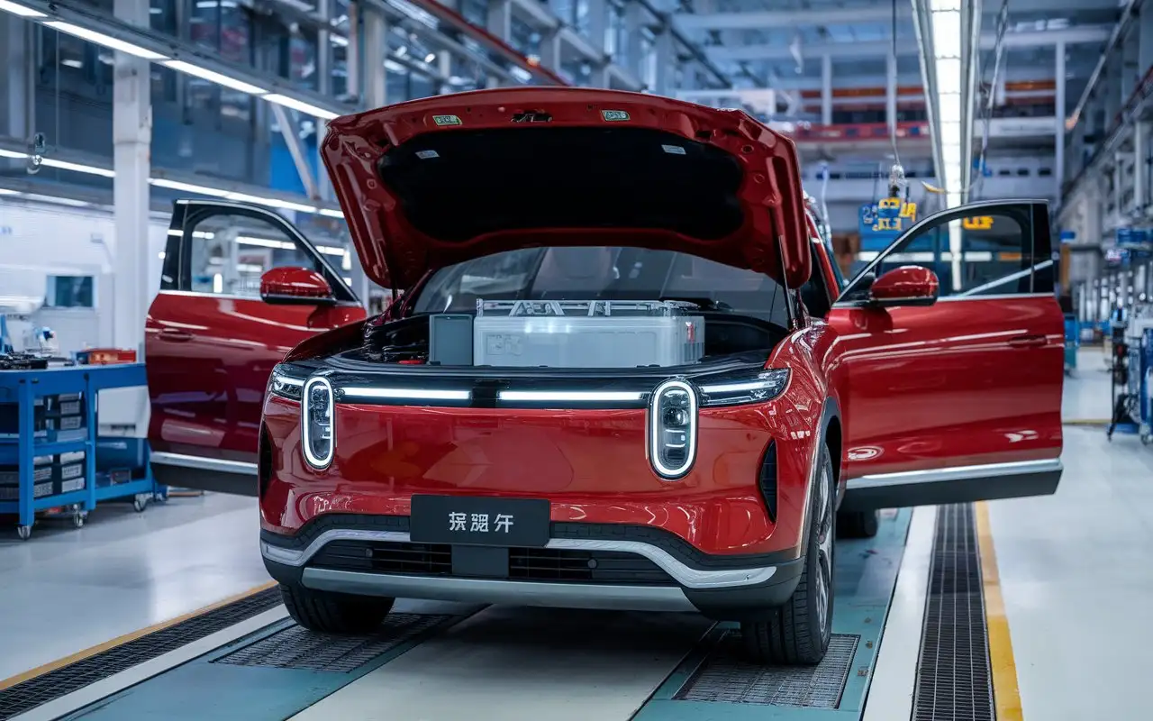 A stunning red Chinese electric SUV with the bonnet open, showcasing a brand new futuristic electric battery inside the bonnet set in a factory environment. THE BATTERY IS THE MAIN HOOK, MUST BE VISIBLE. ENTIRE IMAGE AS SECONDARY Image, No writings, no people.