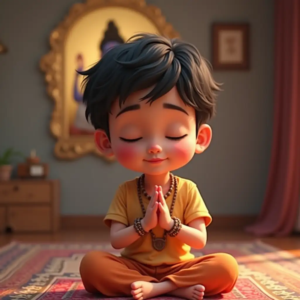 an animated video of a little boy doing tapasya with closed eyes and joined hands aaand at the background lord vishnu is there