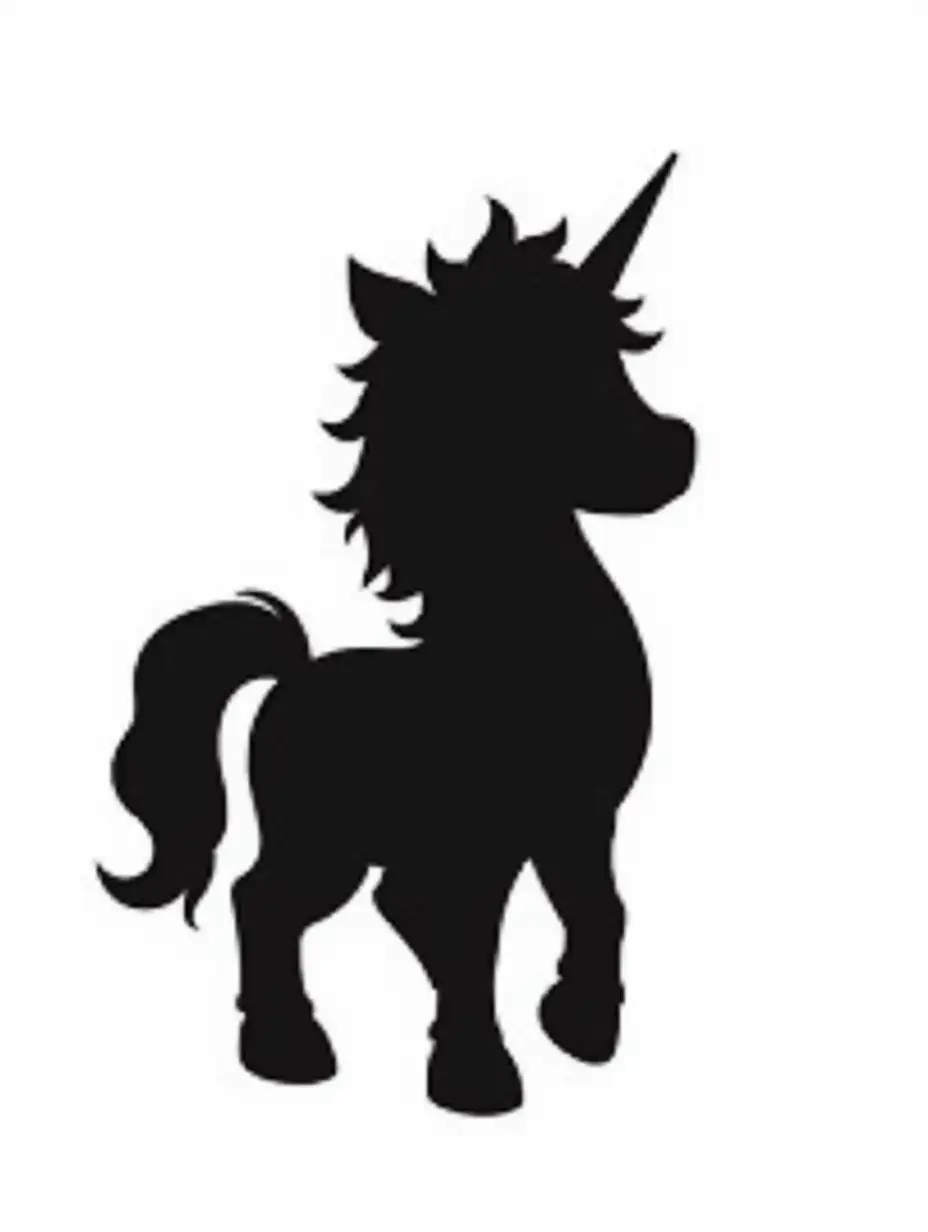 Cute Little Unicorn Silhouettes in Comic Style on White Background