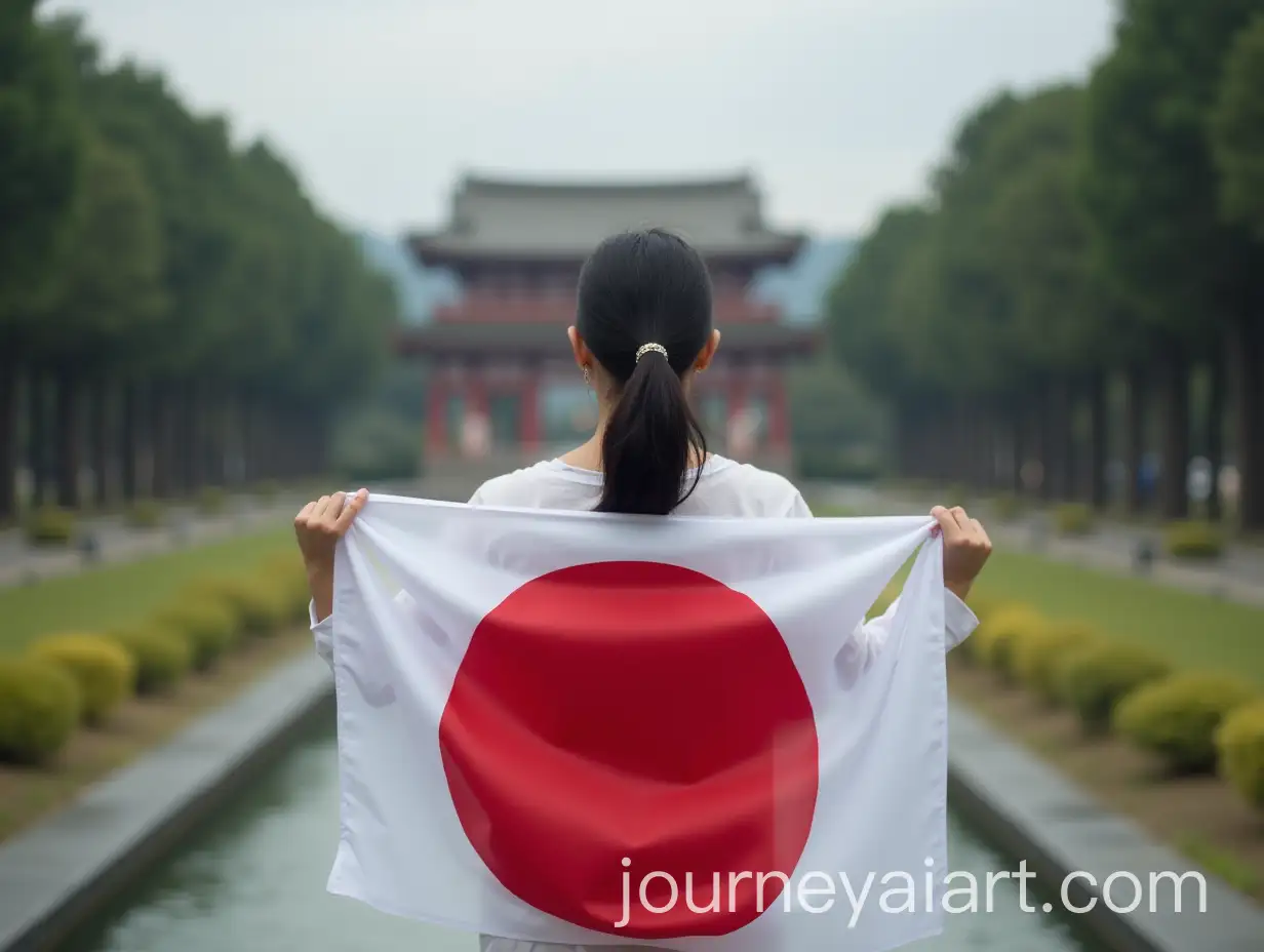 Person-Holding-Japanese-Flag-in-Front-of-Iconic-Japanese-Monument