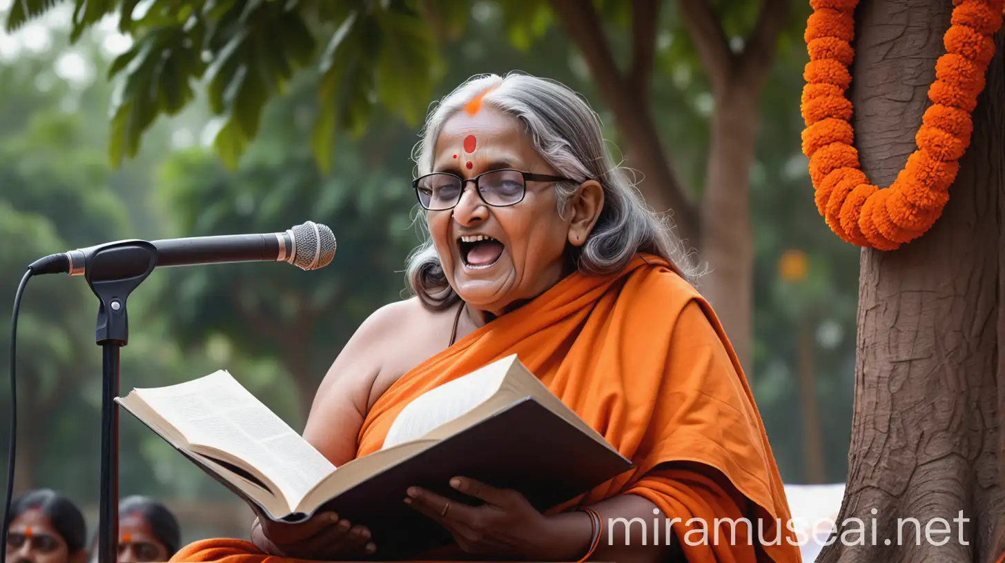 Elderly Hindu Woman Monk Giving Speech with Holy Book in Ashram Courtyard