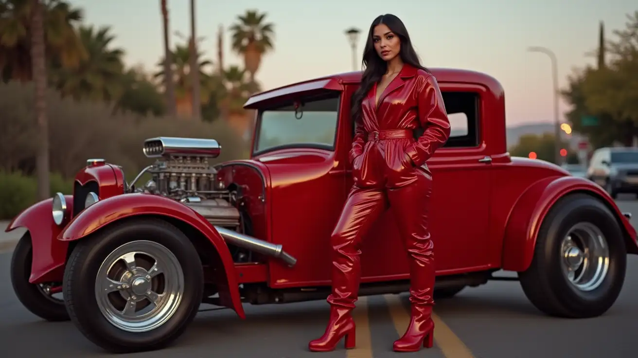 realistic photo, woman standing next to rat rod , wearing red shinny pvc jumpsuit , red shiny pvc jacket , wearing red shinny pvc thigh high boots , red shinny pvc long gloves , in californian street at dusk