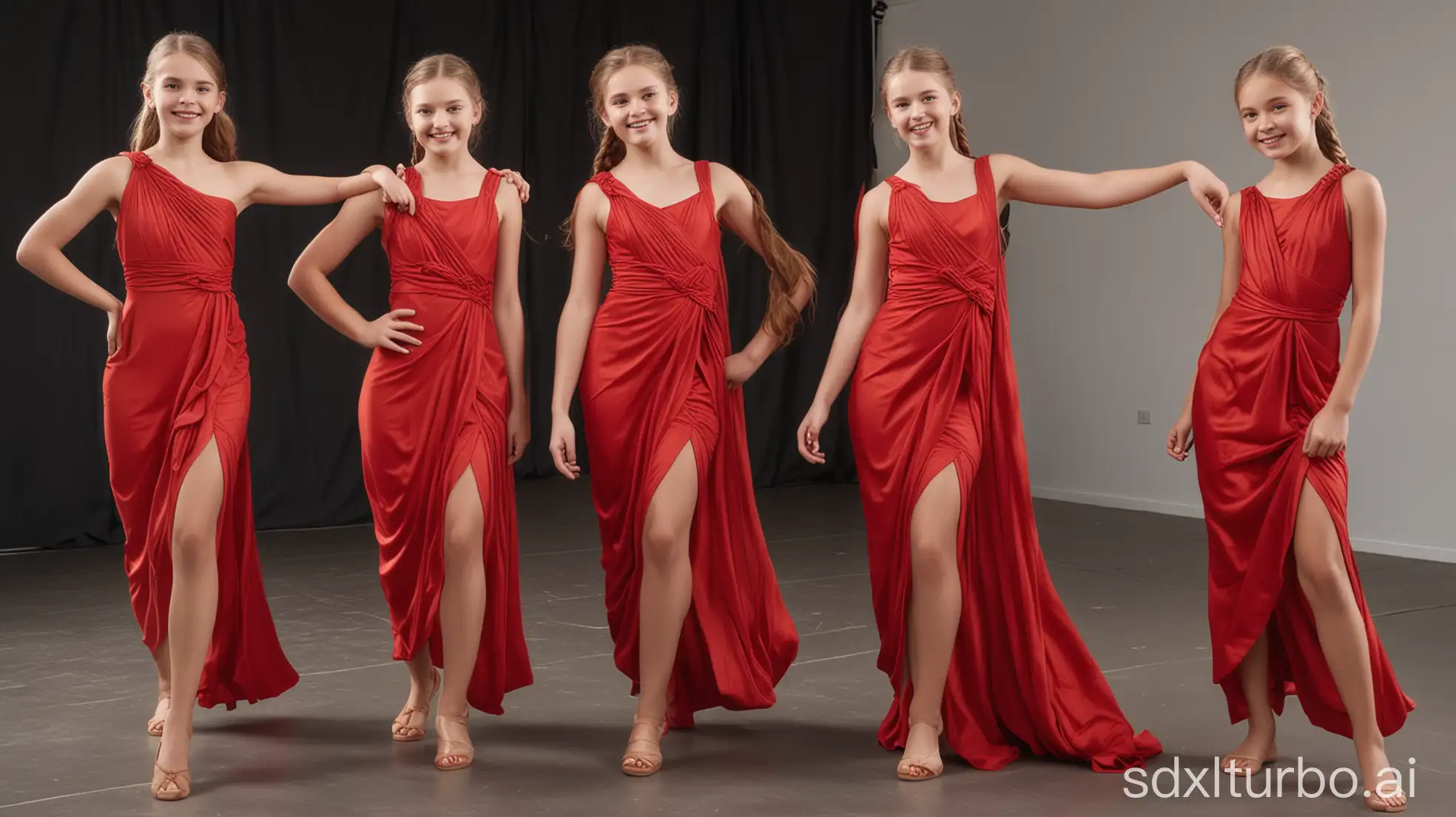 Dance-Group-of-Three-Young-Girls-in-Red-BodyFitted-Dresses-Performing-in-a-Studio