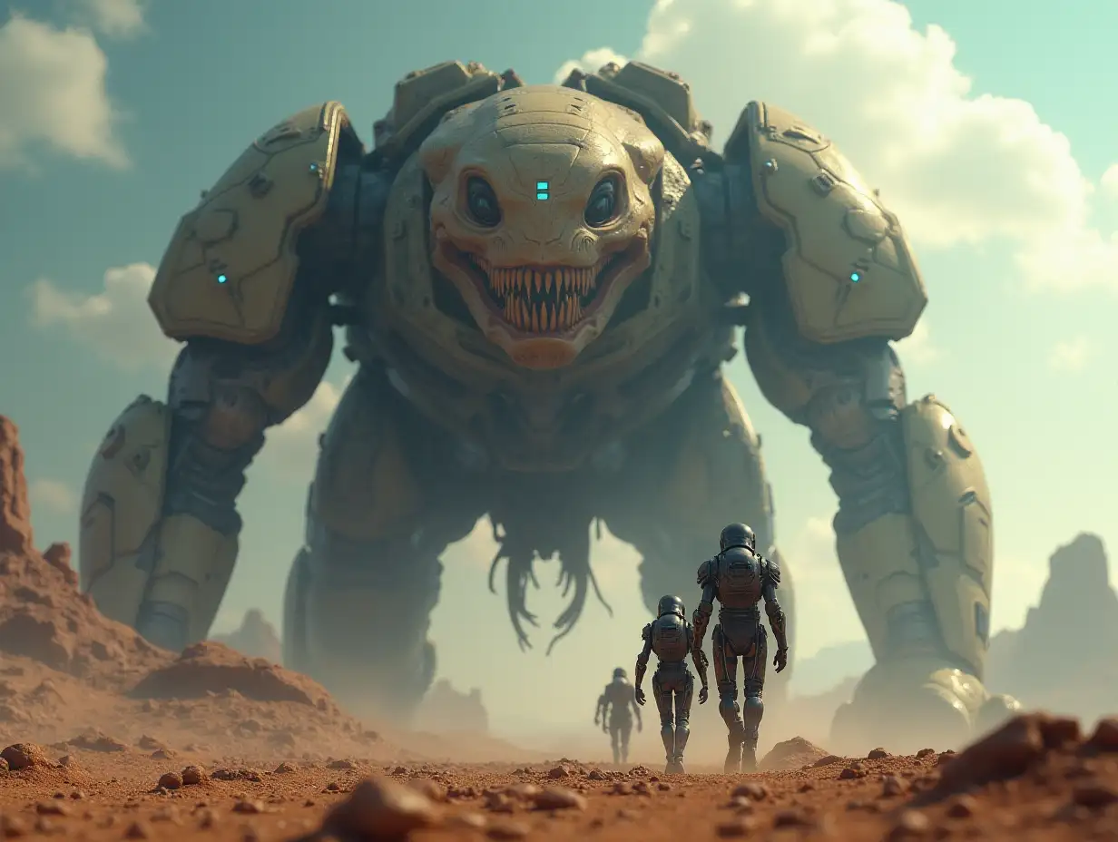 Create AI Fantasy with a high-resolution, realistic image of Robert, 40 meters tall, and an alien, with battle robots and cell tanks on the alien on Pandora 4k resolution