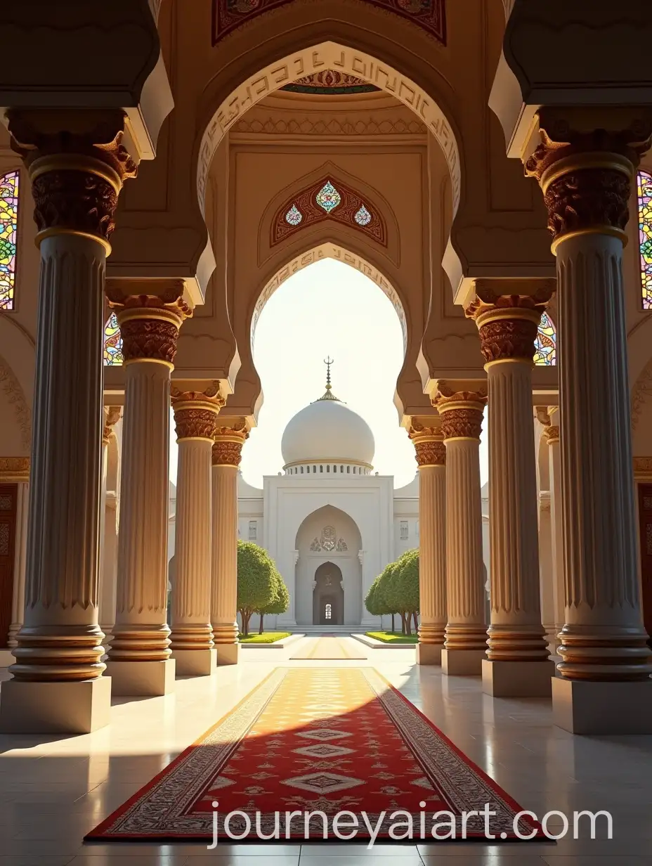 Grand-Islamic-Mosque-Interior-with-Majestic-Pathway-and-Stained-Glass-Reflections