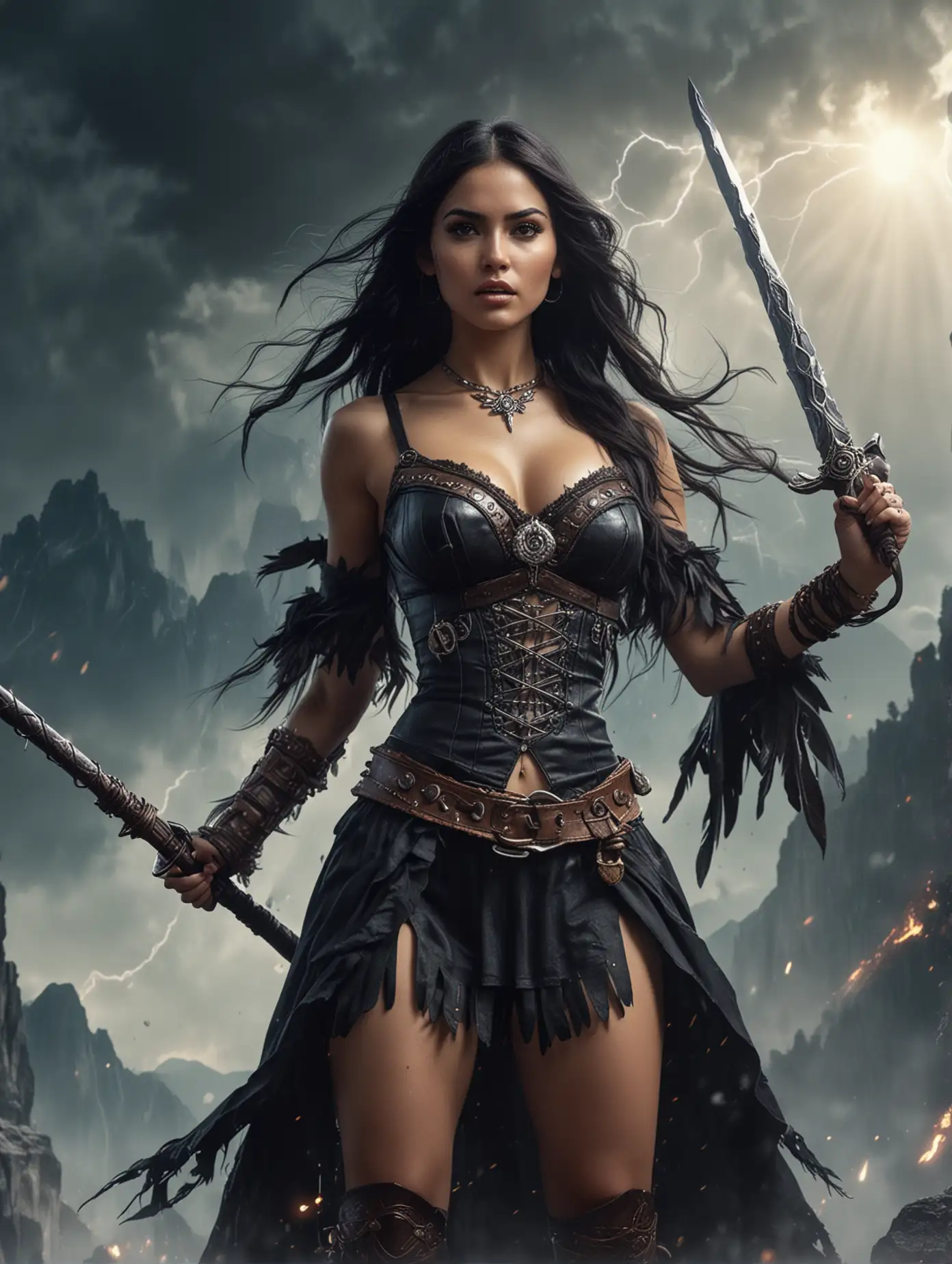 Eye level view, close up, Mystical Camila Belle as Pocahontas in gothic attire, baroque punk style, holding demon's sword in dynamic combat pose, elaborate, amazing cleavage, background enchanted lightning stormy at the mountain with amazing raytracing of sunshine, mystical fog effect, fantasy art