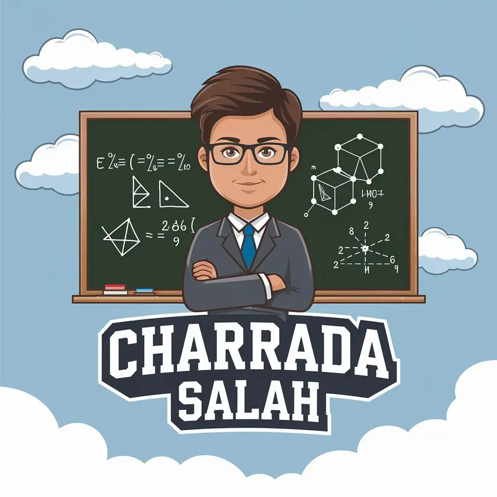 a vector logo design,with the text "CHARRADA SALAH", main symbol:A wonderful mathematics teacher wonderfully explains the lesson on equations, geometry and probabilities,complex,clear background