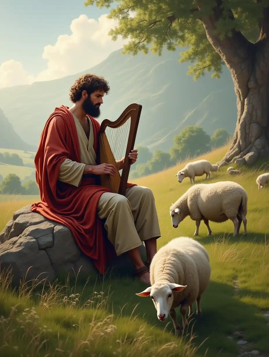 Biblical scene of David shepherding seated on a stone playing harp while sheep is grazing on a lush green grass