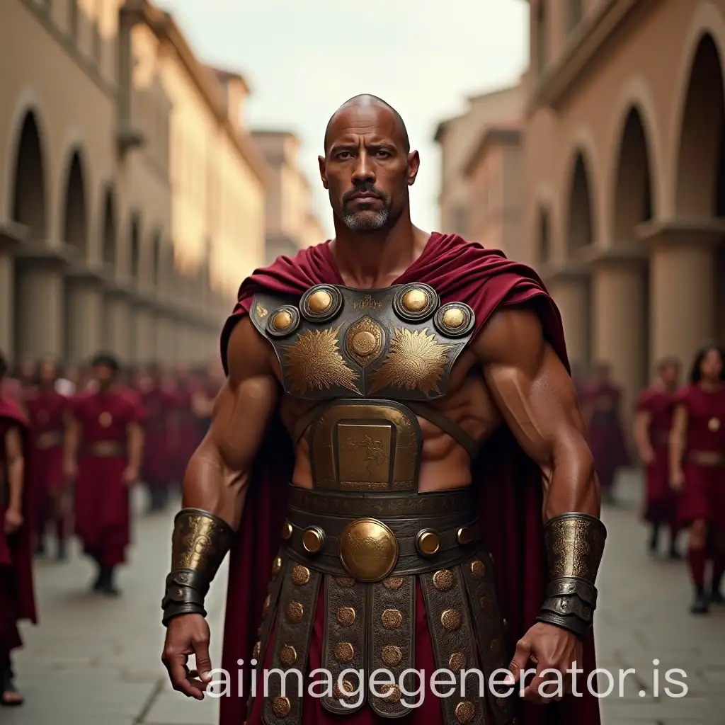 haz a dwayne johnson , (the rock actor), dressed as a roman in ancient rome in a medieval street