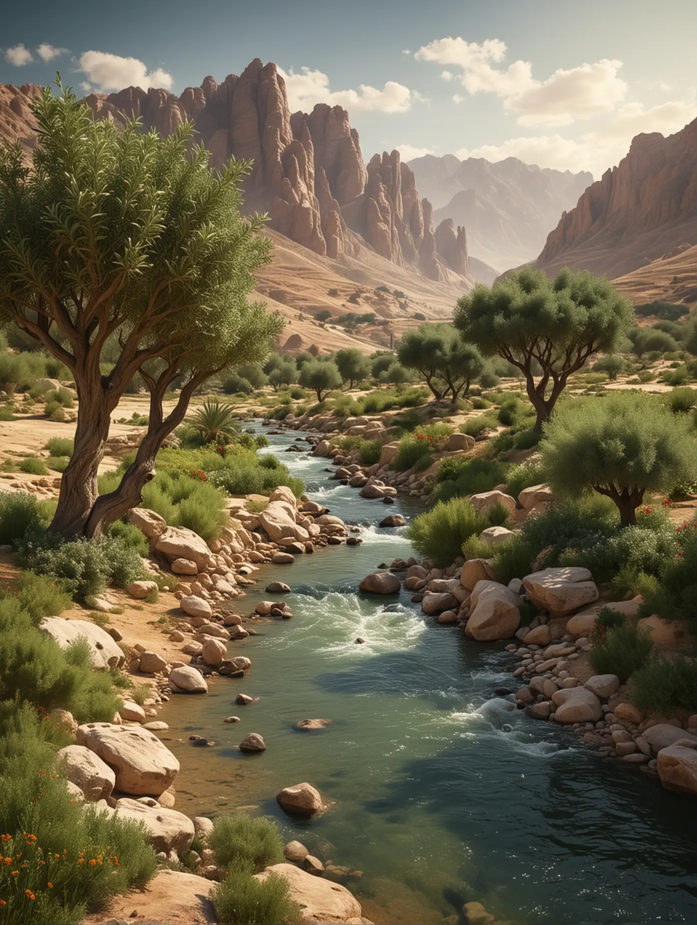 Arab-Nabatea-Landscape-with-Mountains-Green-Valley-and-River