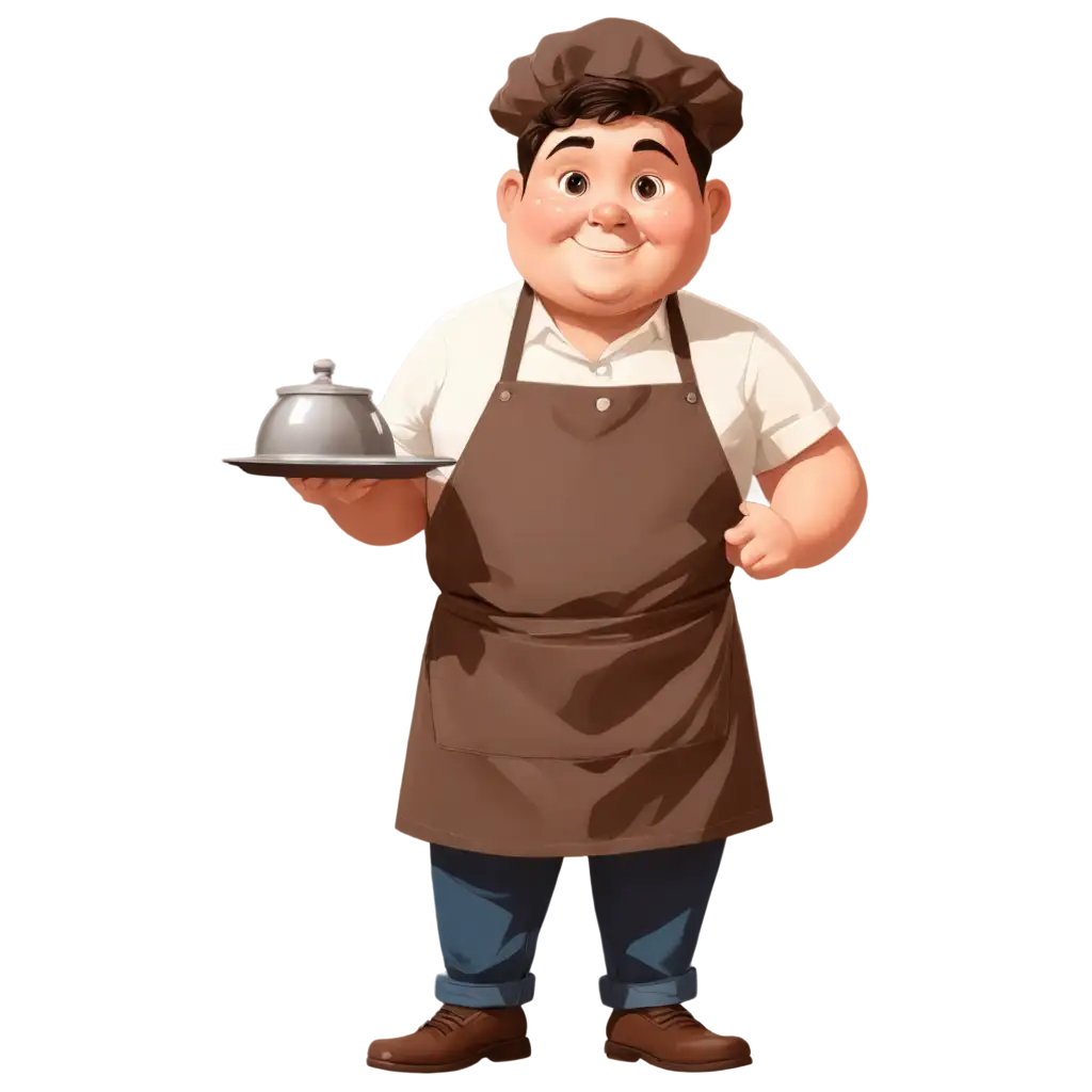 Young-Chubby-Boy-Cartoon-PNG-Cute-Chef-Holding-Tray-in-Brown-Apron