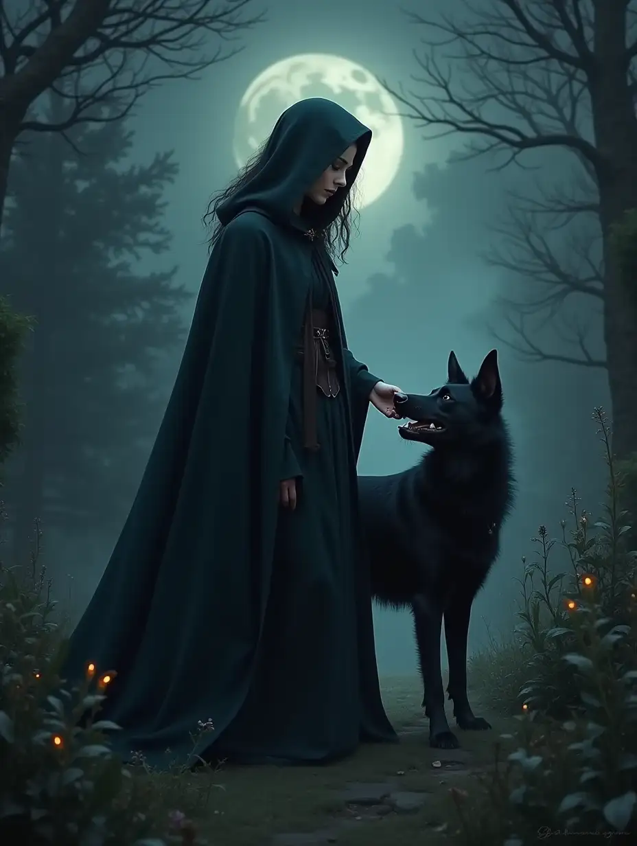 Dark fantasy graphics. Dark sky, enchanted garden. Sorceress in a cloak, petting a magical black dog