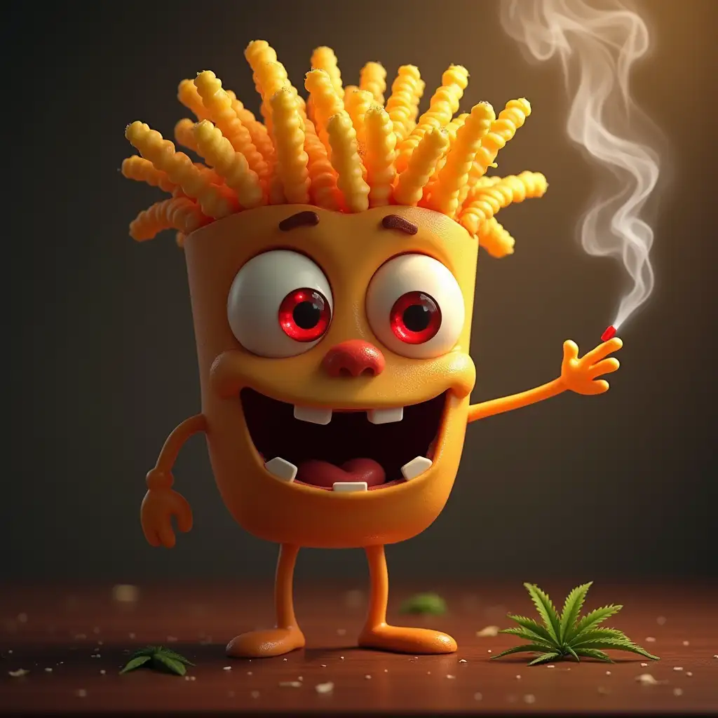 A single animated french frie that is very high with red eyes after smoking weed