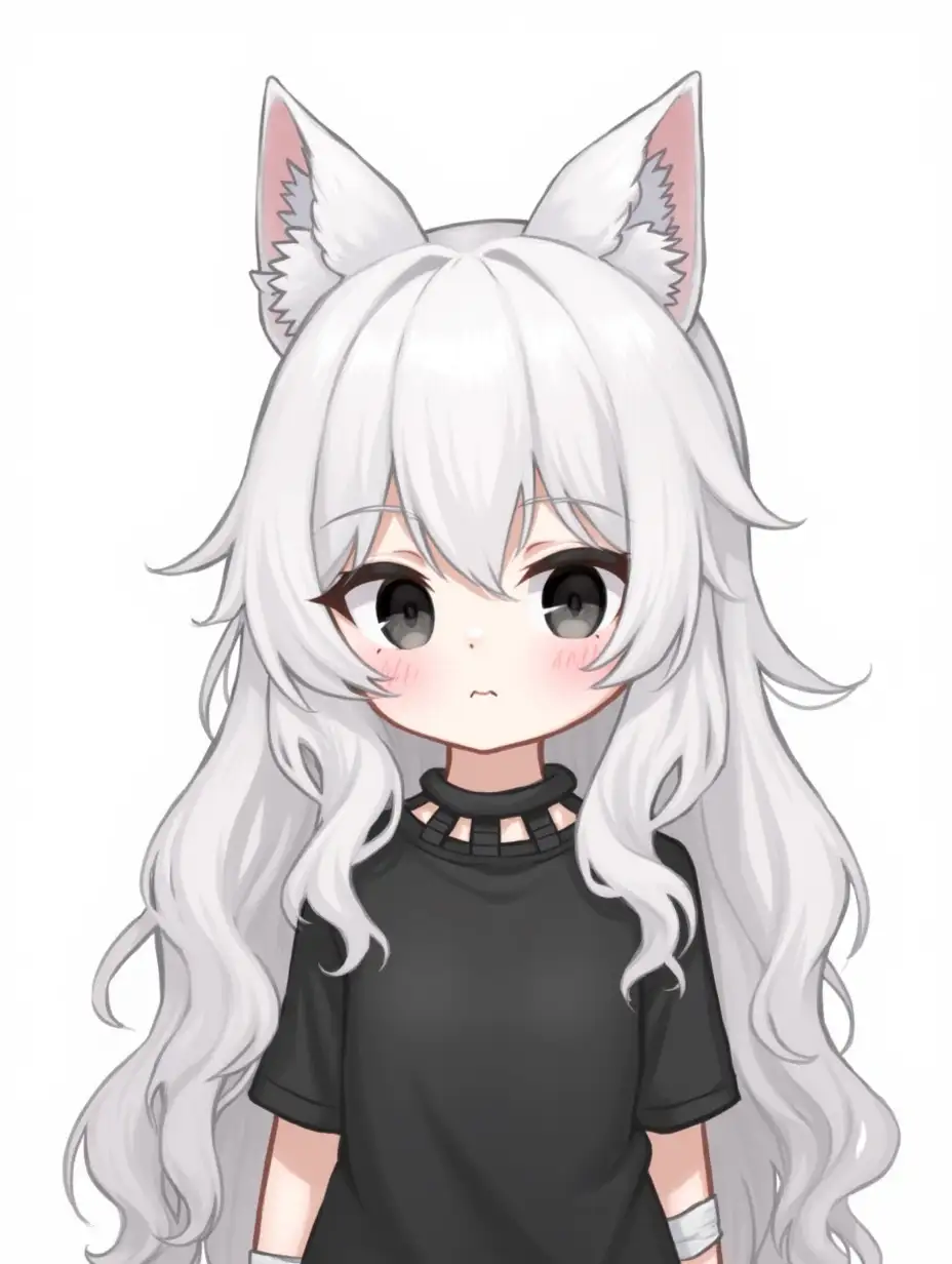 White hair is long, wavy, and thick, giving a textured impression. Wolf-like ears on top of the head, adding to the animal-like character. Simple facial expression with big black eyes and pink (blush) cheeks gives a cute impression. She was wearing all black, consisting of a simple top and bottom. Wearing some kind of black collar or choker around the neck, with a unique design. Both of her hands is covered by a white bandage, giving it a cute and different look.