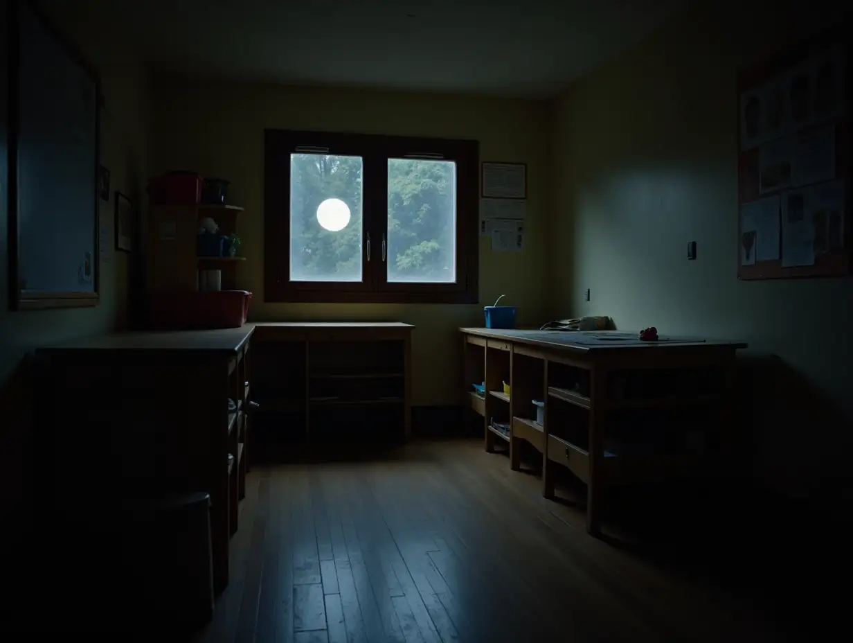 Wide-angle shot of a dimly lit Montessori classroom in a church basement at night, with cleaning supplies in the corner, faint moonlight through small basement windows, shadows cast on the walls.