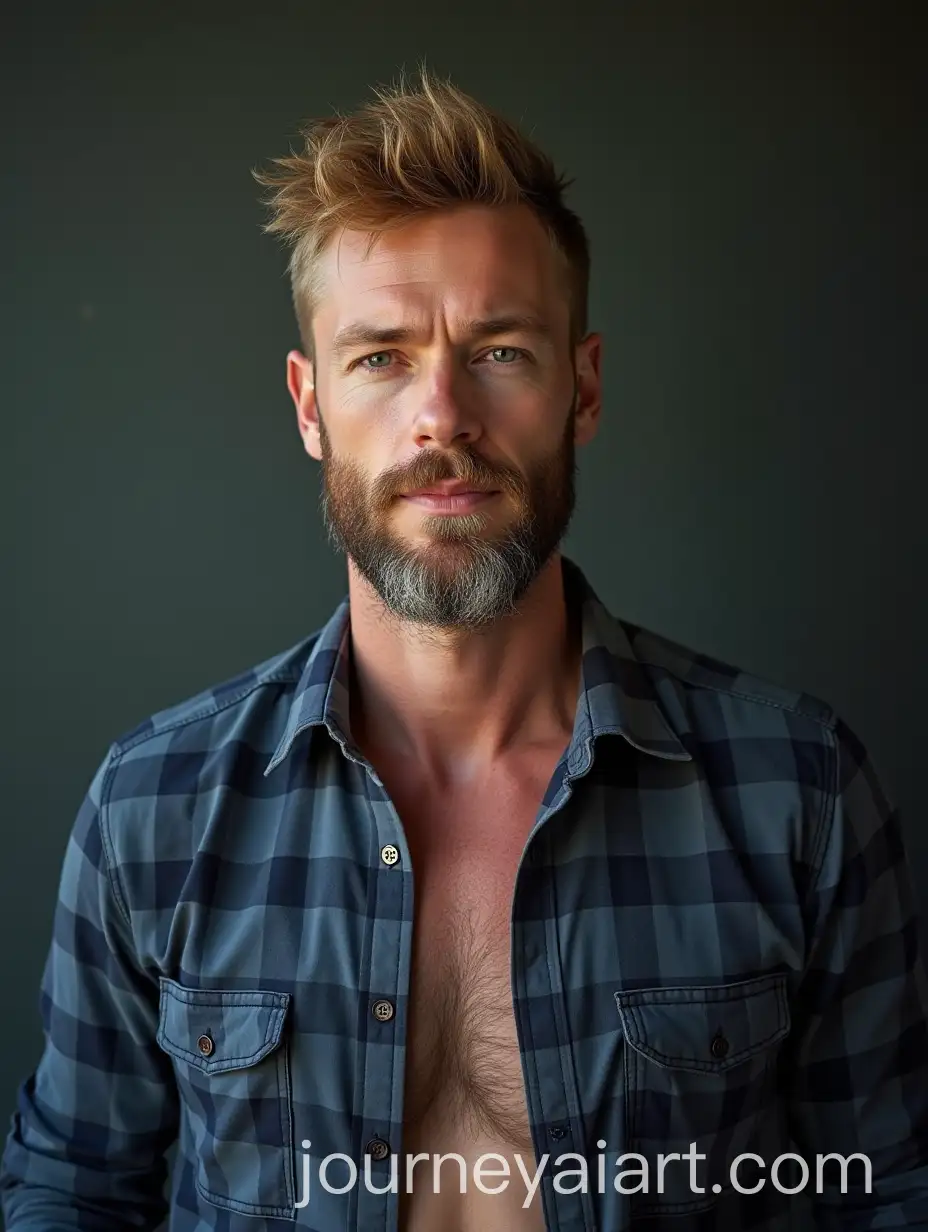 Portrait-of-a-Strong-Irish-Lumberjack-in-Blue-Flannel-Shirt-and-White-Socks