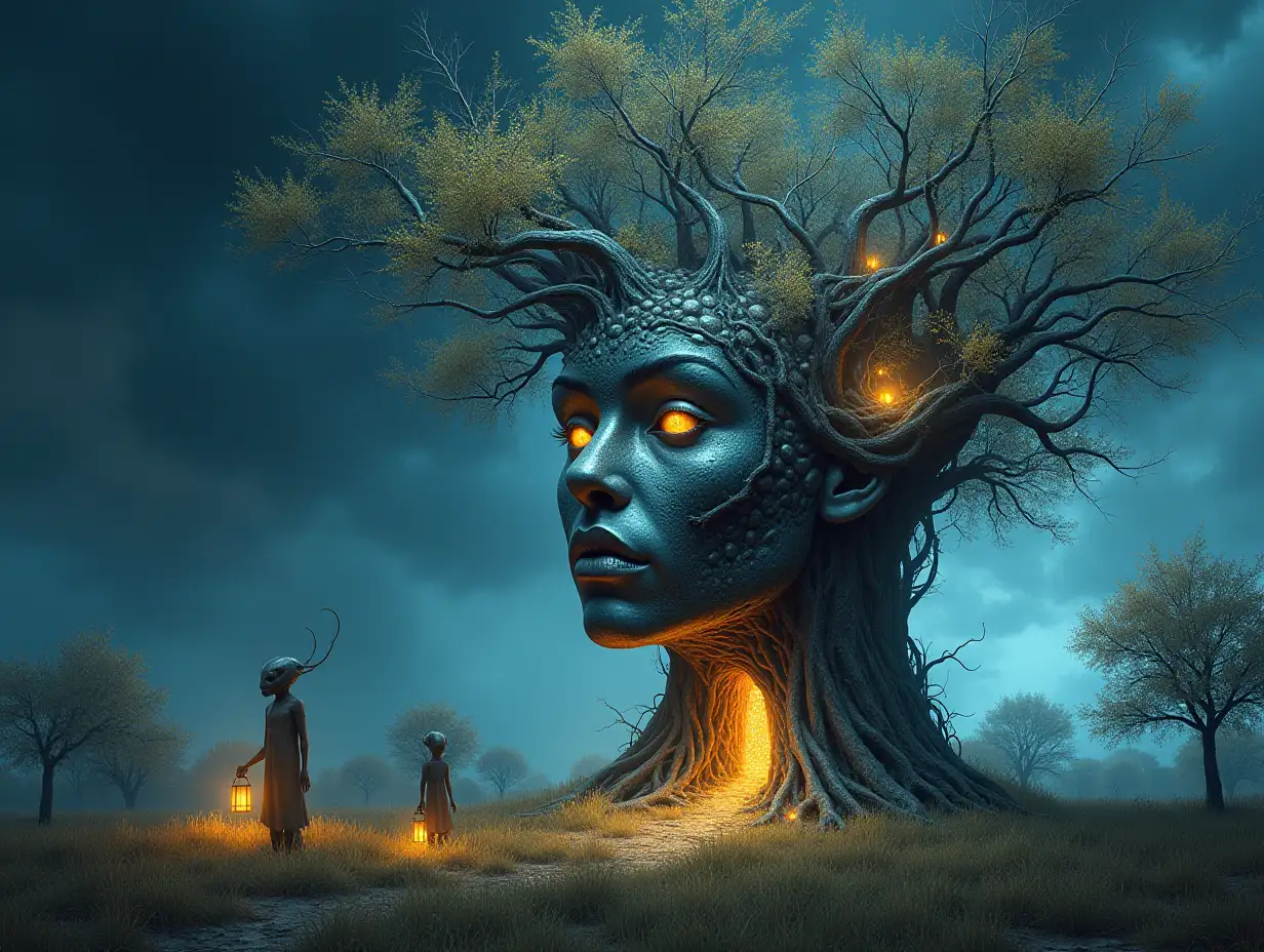 Creating a digital painting of a face with hair transforming into a building with silver stones and Illuminated trees with roots and lanterns and strange beings-alien in a meadow