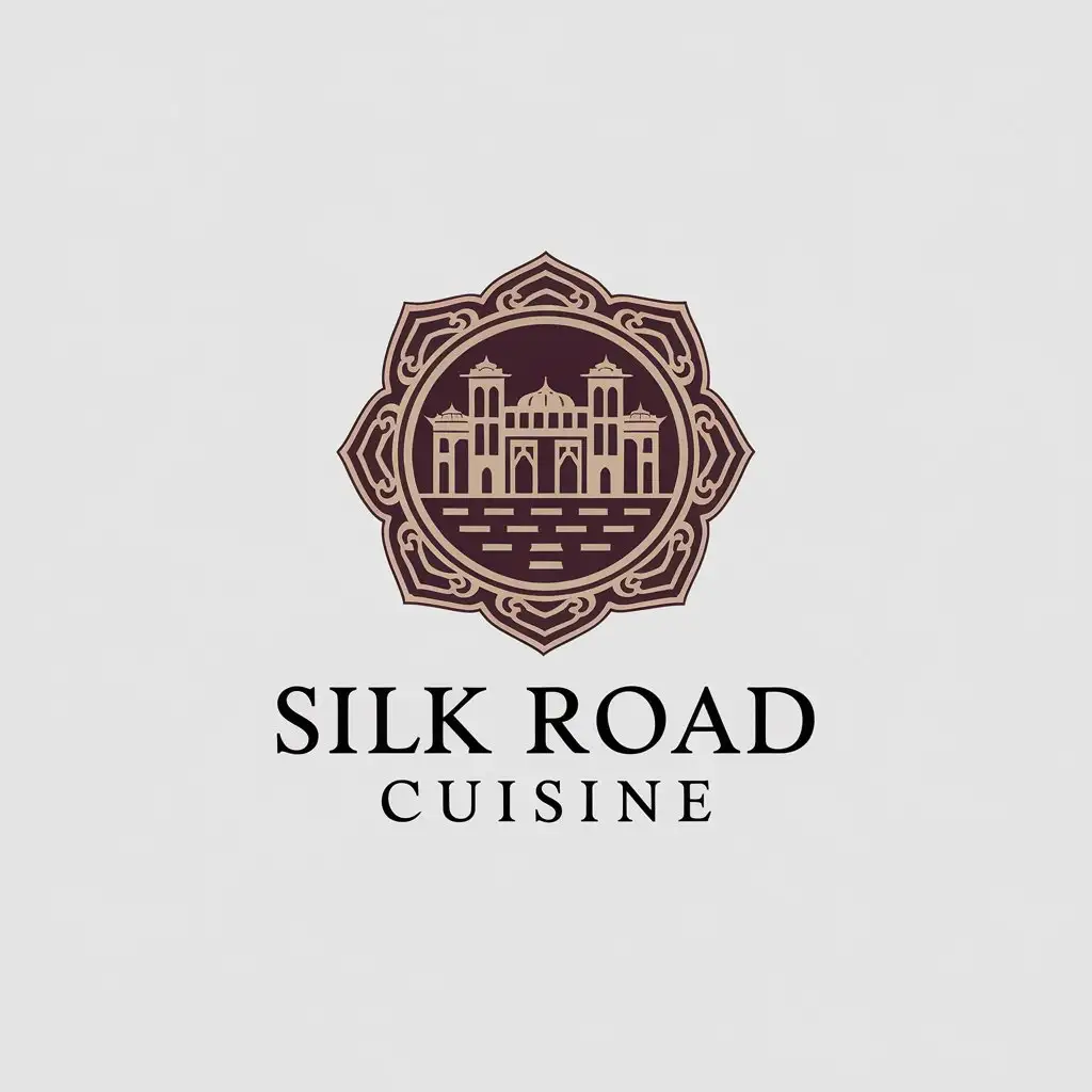 LOGO Design for Silk Road Cuisine Elegant Circular Design with Bukhara Architecture Golden Silk Trade Motifs