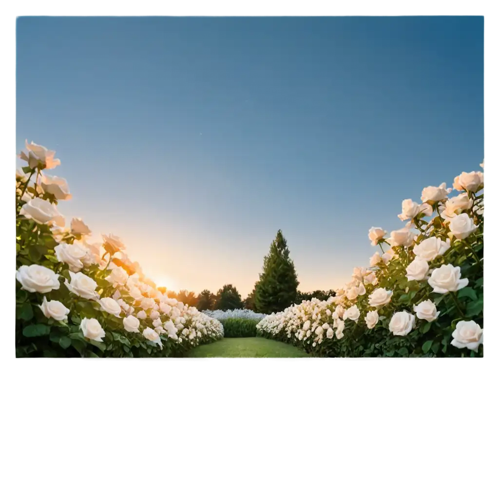 Sunrise-Behind-White-Rose-Garden-in-Blue-Background-Stunning-PNG-Image-for-Natural-Beauty-Serenity